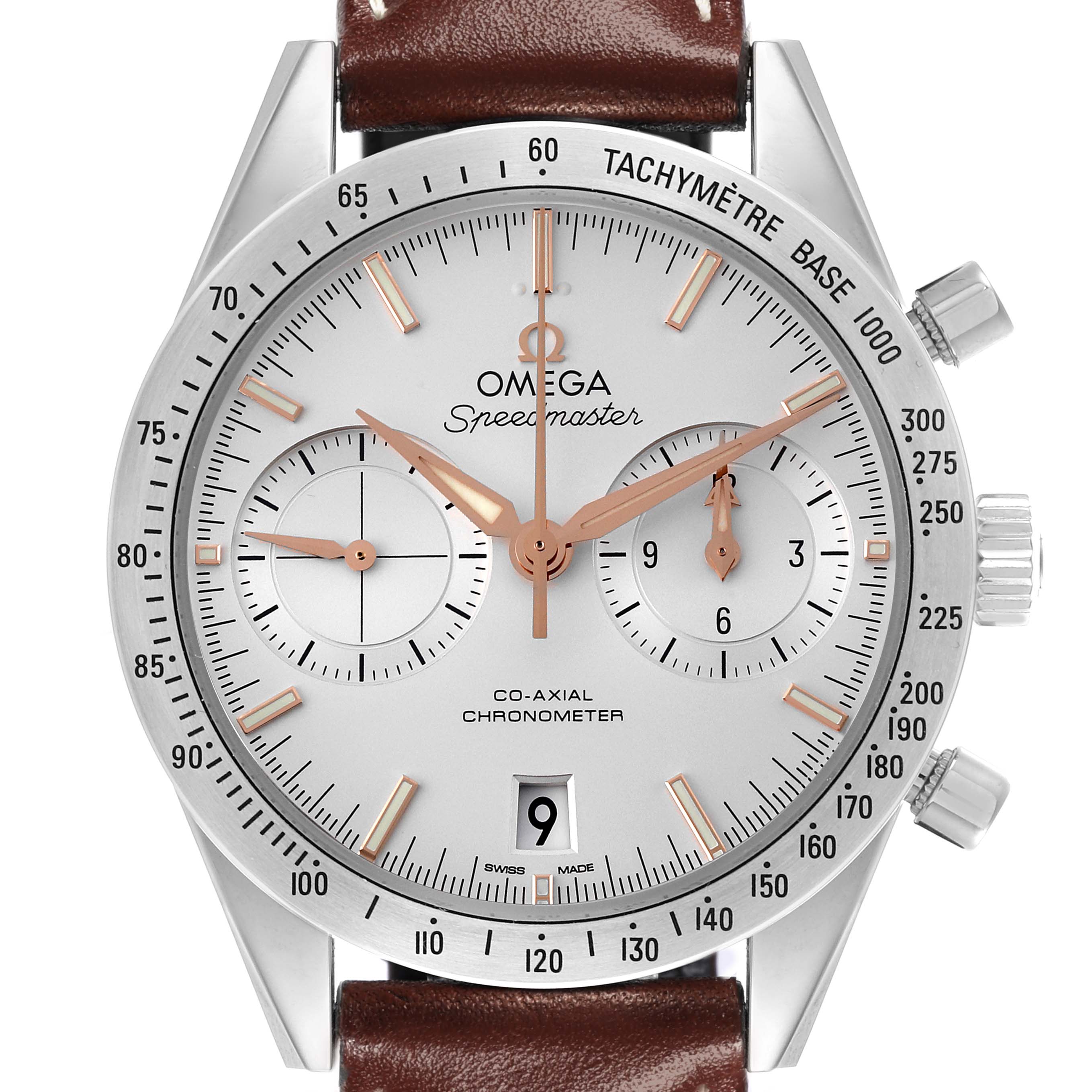 The Omega Seamaster 331.12.42.51.02.002 Men's Stainless Steel Silver Dial 331.12.42.51.02.002 Men's Stainless Steel Silver Dial watch is shown from a frontal view, highlighting its dial, chronograph subdials, and tachymeter bezel.