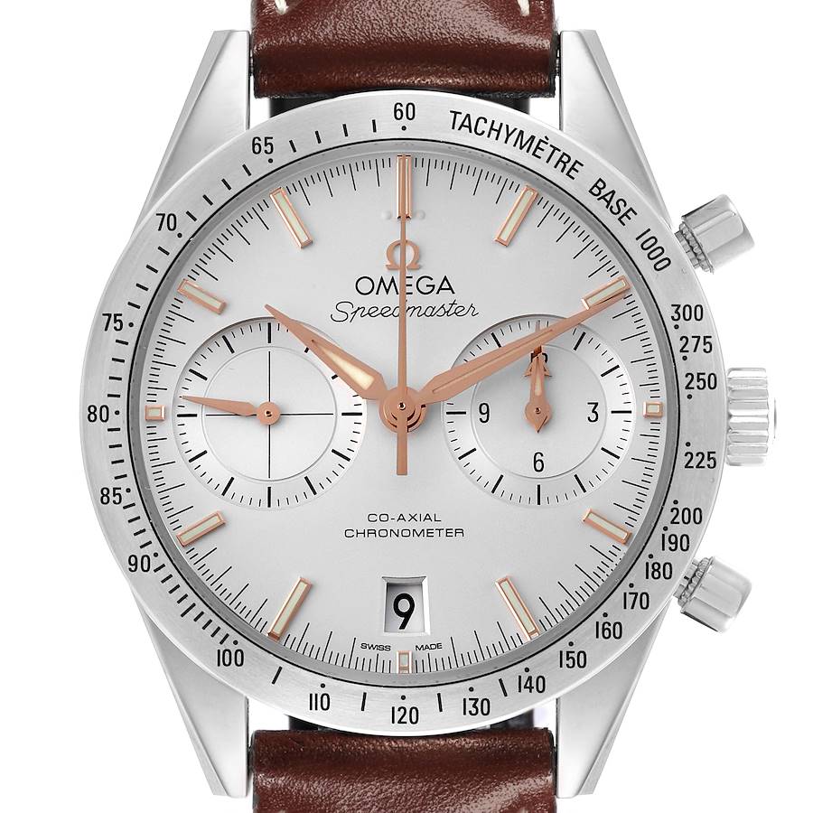 The Omega Seamaster watch is shown from a frontal view, highlighting its dial, chronograph subdials, and tachymeter bezel.