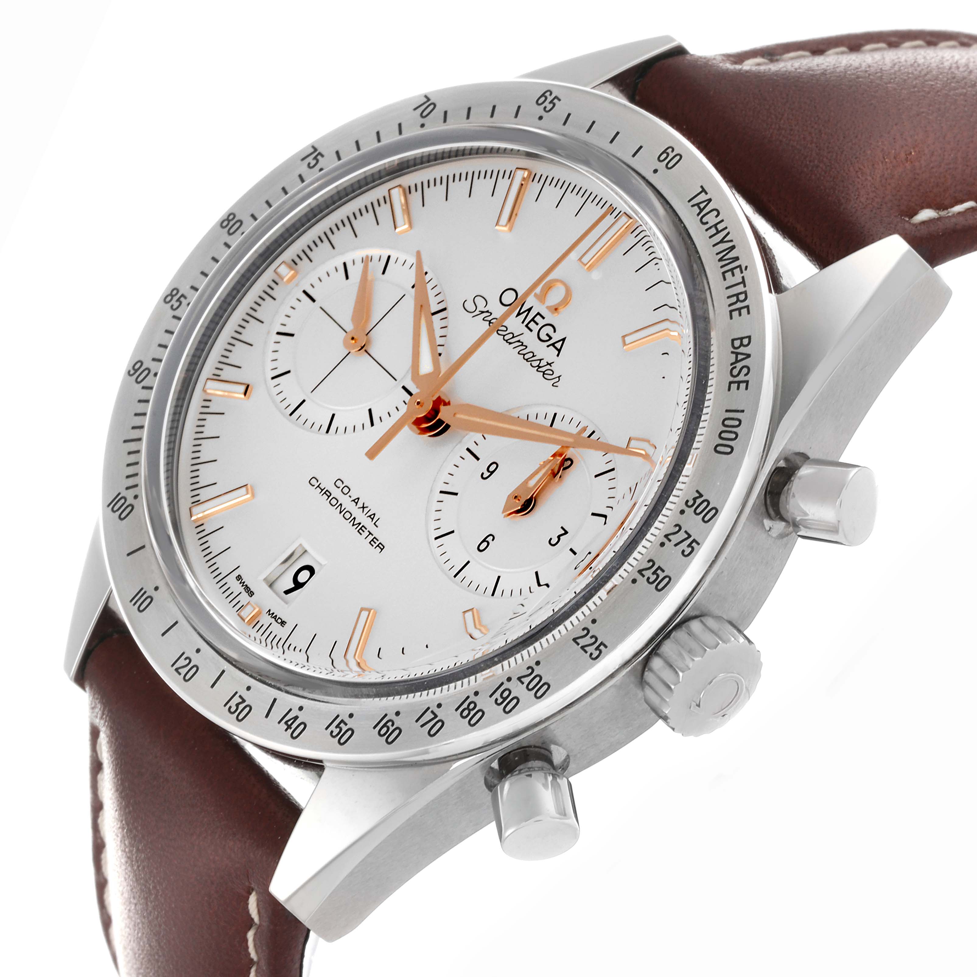 The Omega Seamaster 331.12.42.51.02.002 Men's Stainless Steel Silver Dial 331.12.42.51.02.002 Men's Stainless Steel Silver Dial watch is shown at an angled view, highlighting the dial, bezel, crown, and partial leather strap.