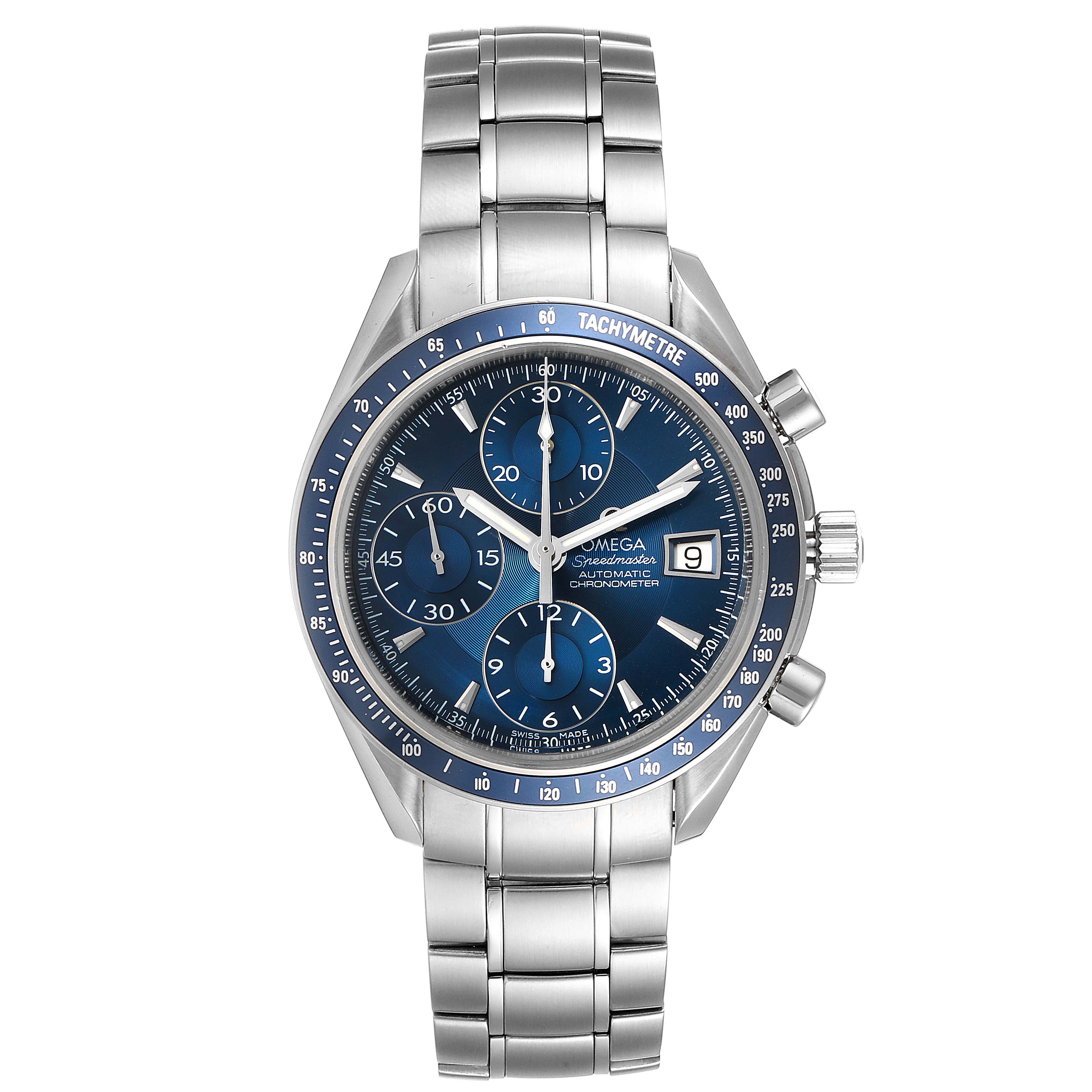 The image shows a front view of an Omega Speedmaster 3212.80.00 Men
s Stainless Steel Blue Dial 3212.80.00 Men
s Stainless Steel Blue Dial watch, displaying its dial, bezel, and bracelet.