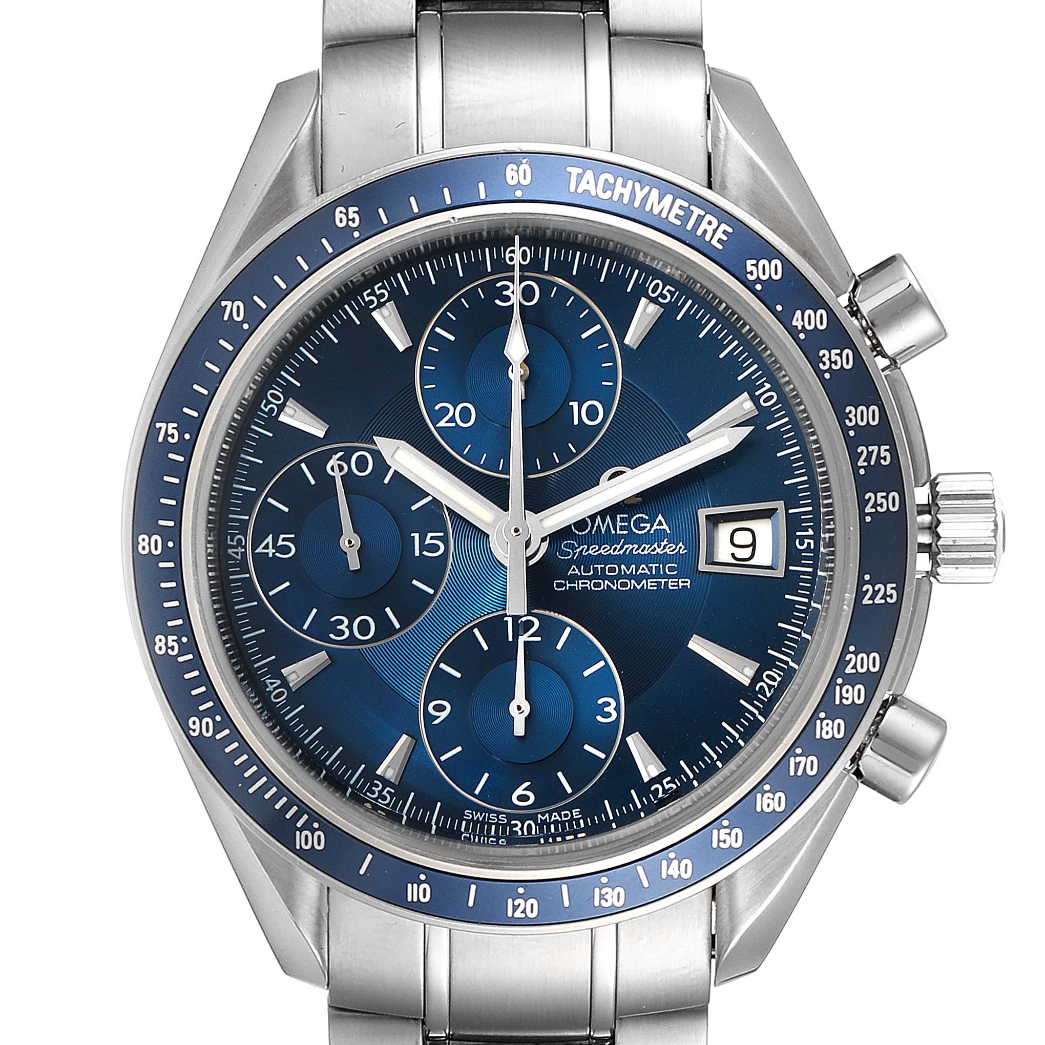 The image shows a frontal view of the Omega Speedmaster 3212.80.00 Men
s Stainless Steel Blue Dial 3212.80.00 Men
s Stainless Steel Blue Dial watch, highlighting its dial, sub-dials, date display, and bracelet.