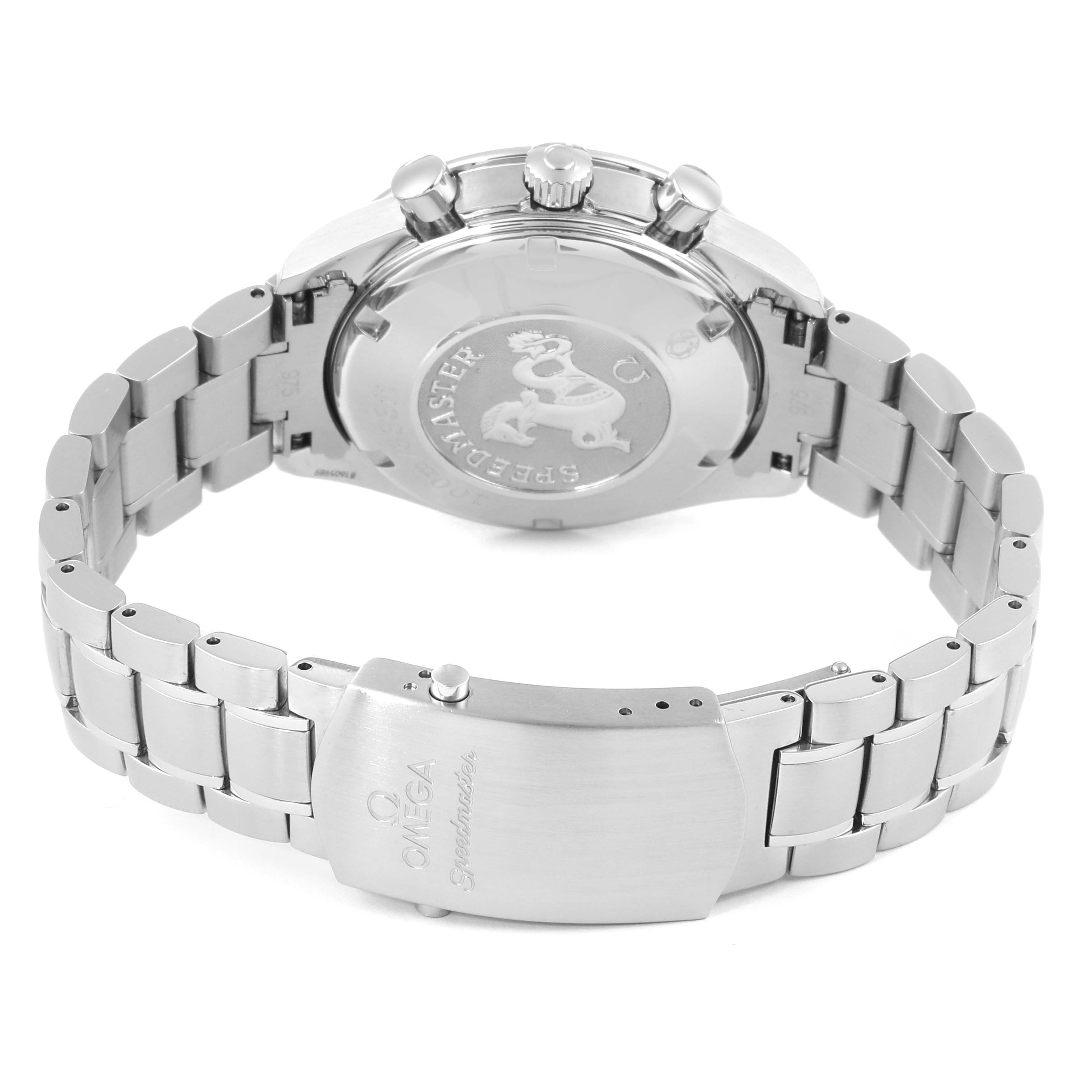 The Omega Speedmaster 3212.80.00 Men
s Stainless Steel Blue Dial 3212.80.00 Men
s Stainless Steel Blue Dial watch is shown from the back, highlighting the case back, pushers, crown, and a partially closed stainless steel bracelet.