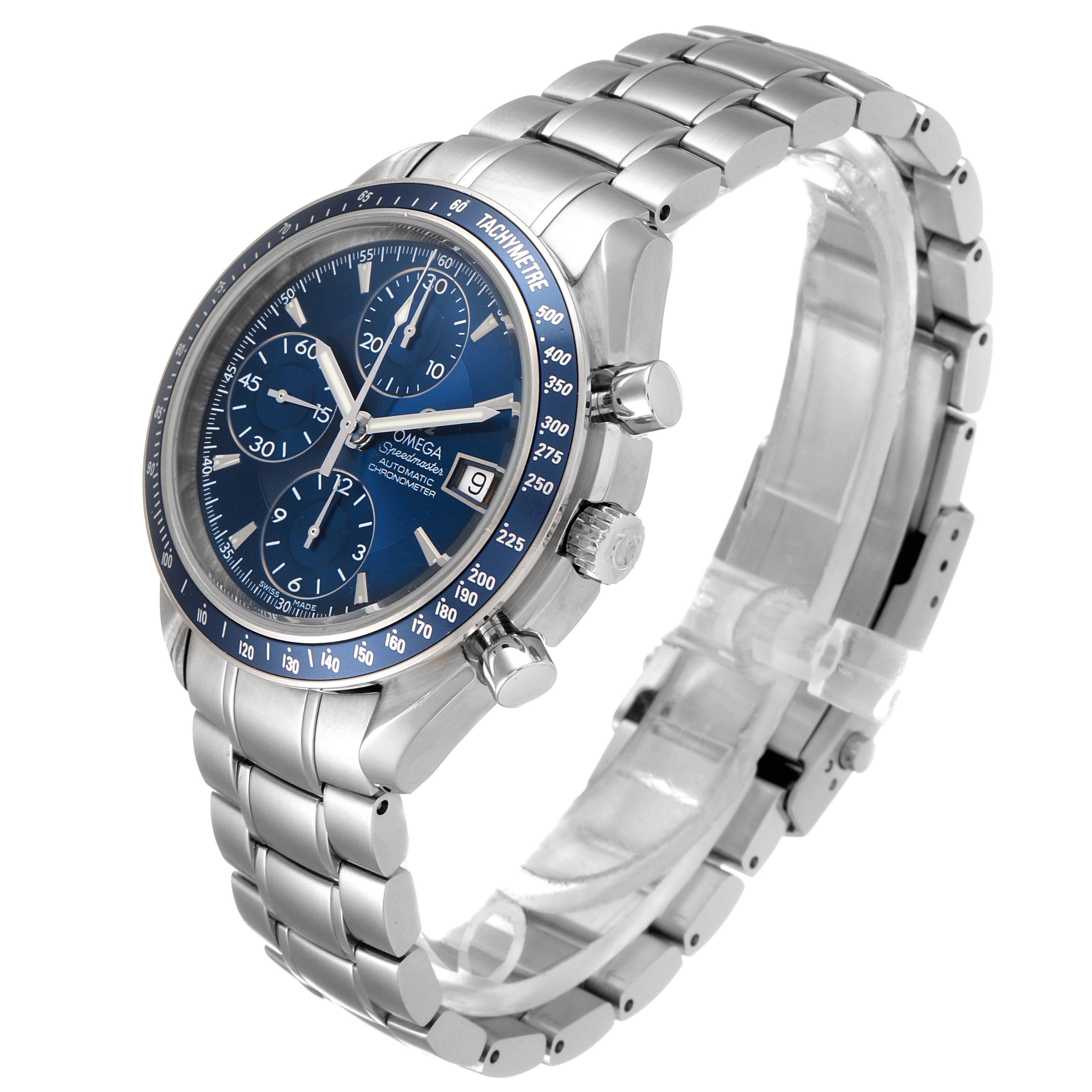 The Omega Speedmaster 3212.80.00 Men
s Stainless Steel Blue Dial 3212.80.00 Men
s Stainless Steel Blue Dial watch is shown from an angled side view, highlighting its blue dial, bezel, chronograph, and stainless steel band.