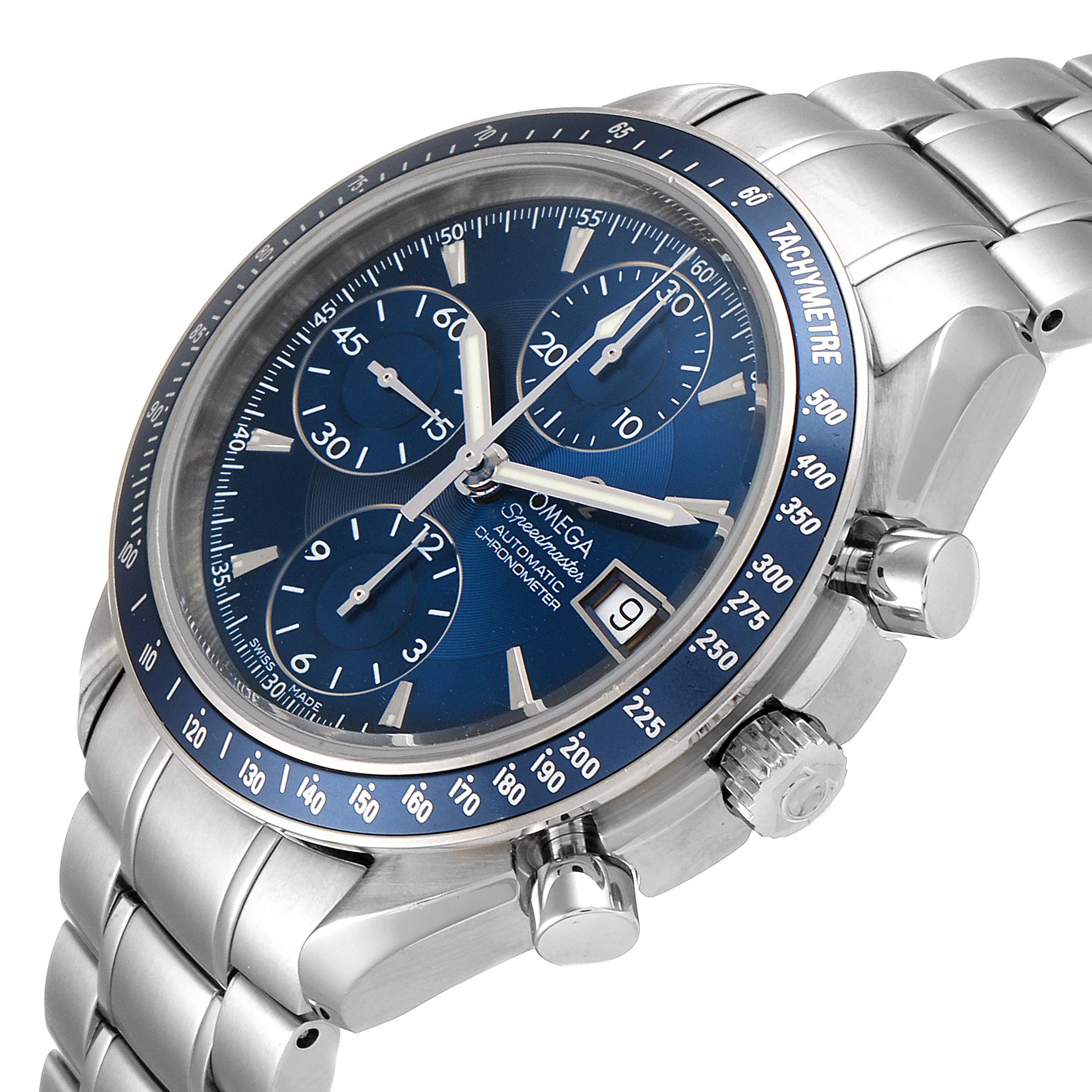 The image shows an angled view of the Omega Speedmaster 3212.80.00 Men
s Stainless Steel Blue Dial 3212.80.00 Men
s Stainless Steel Blue Dial, displaying its dial, crown, pushers, and metallic bracelet.