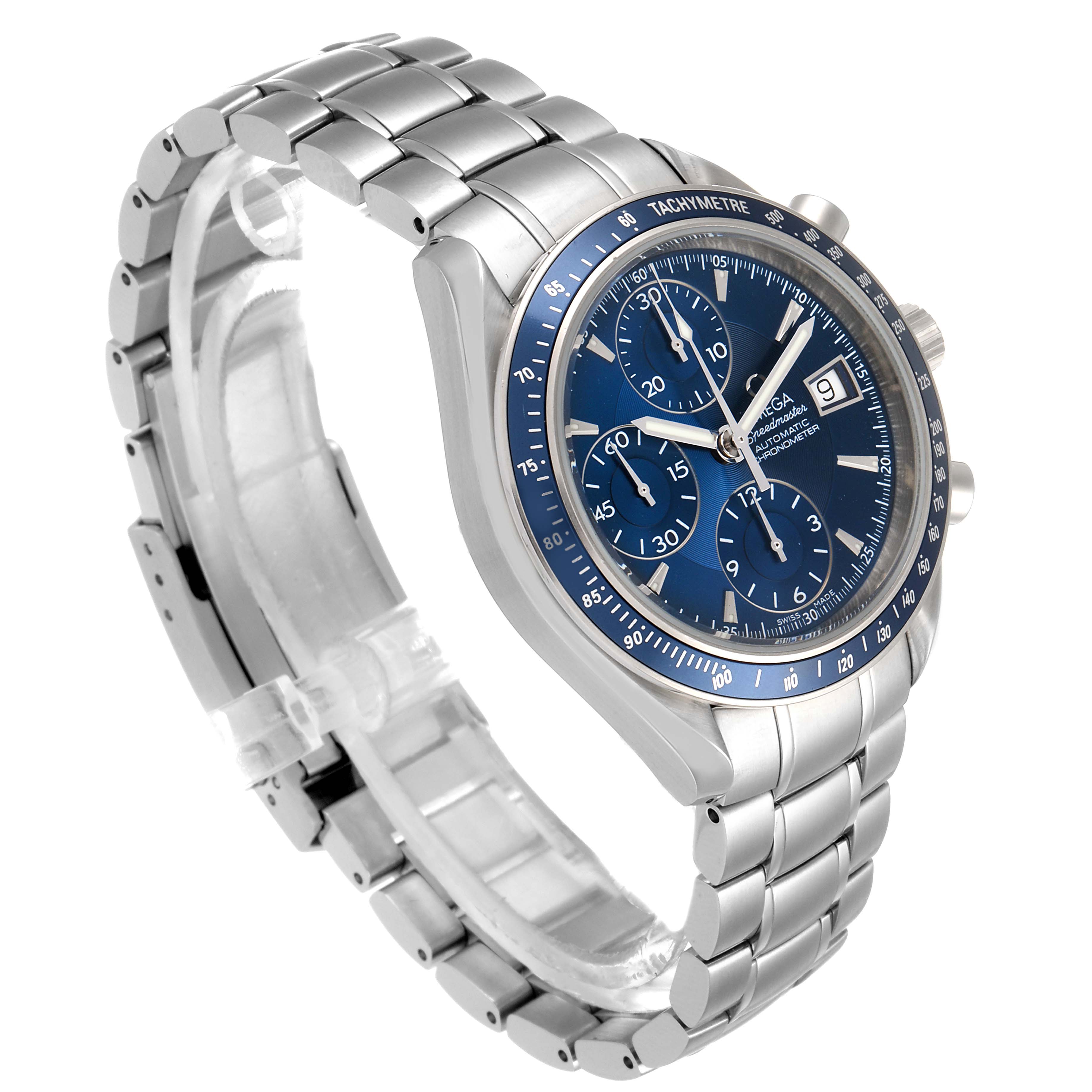 The image shows an Omega Speedmaster 3212.80.00 Men
s Stainless Steel Blue Dial 3212.80.00 Men
s Stainless Steel Blue Dial watch from an angled side view, highlighting the dial, bezel, and metal bracelet.