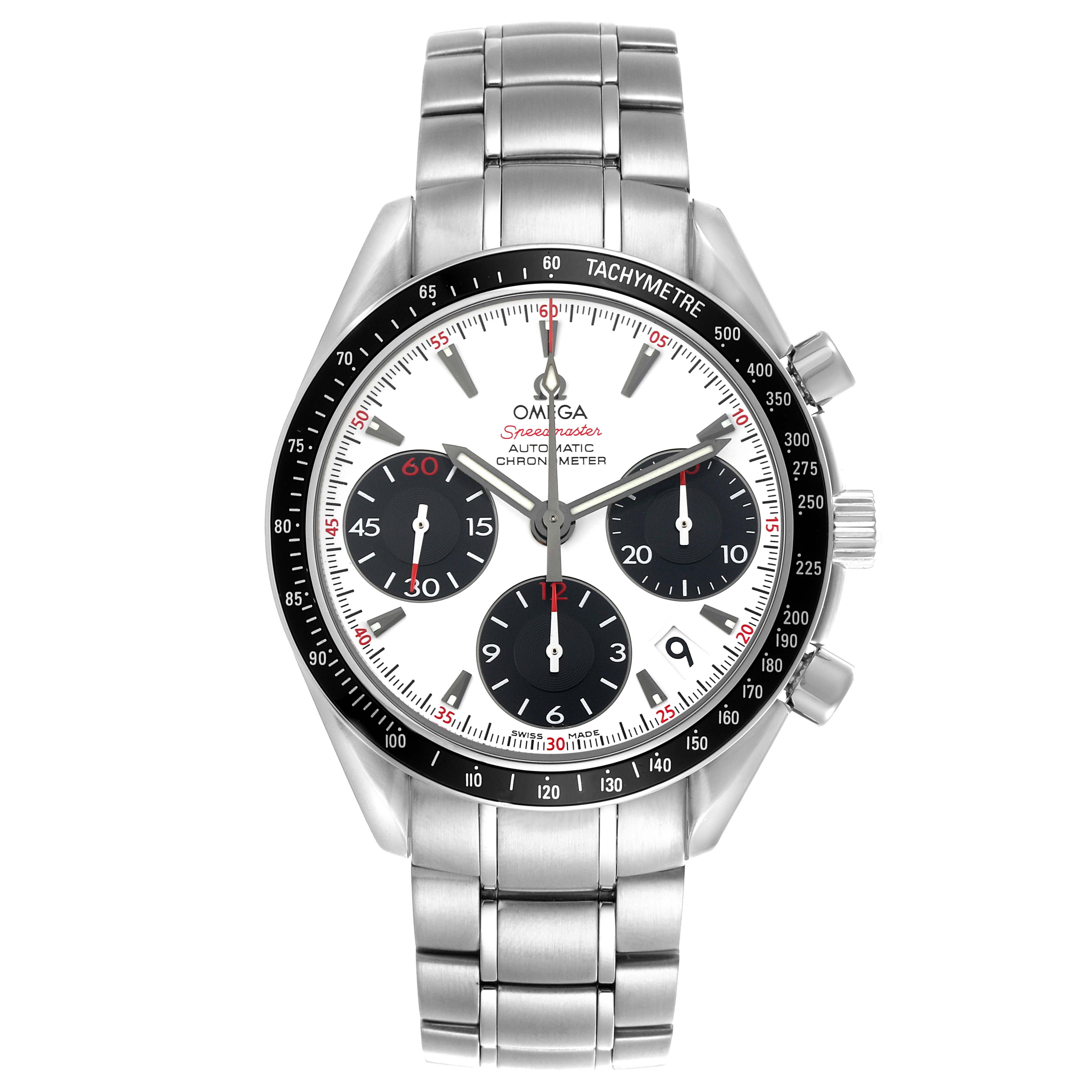The Omega Speedmaster 323.30.40.40.04.001 Men's Stainless Steel White Dial 323.30.40.40.04.001 Men's Stainless Steel White Dial watch is shown from the front, displaying its face, tachymeter bezel, and metal bracelet.