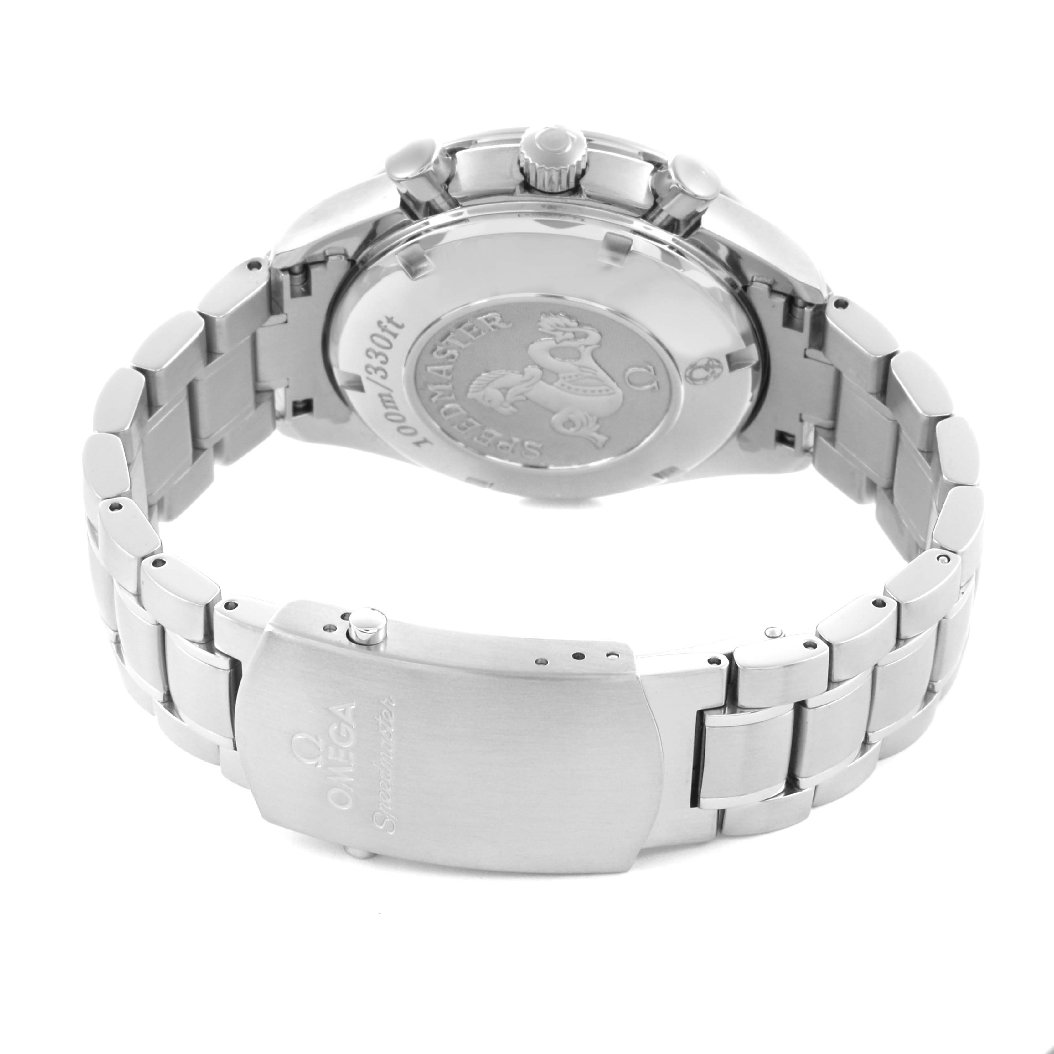 The Omega Speedmaster 323.30.40.40.04.001 Men's Stainless Steel White Dial 323.30.40.40.04.001 Men's Stainless Steel White Dial watch is shown from the back, highlighting the case back, crown, pushers, and bracelet clasp.