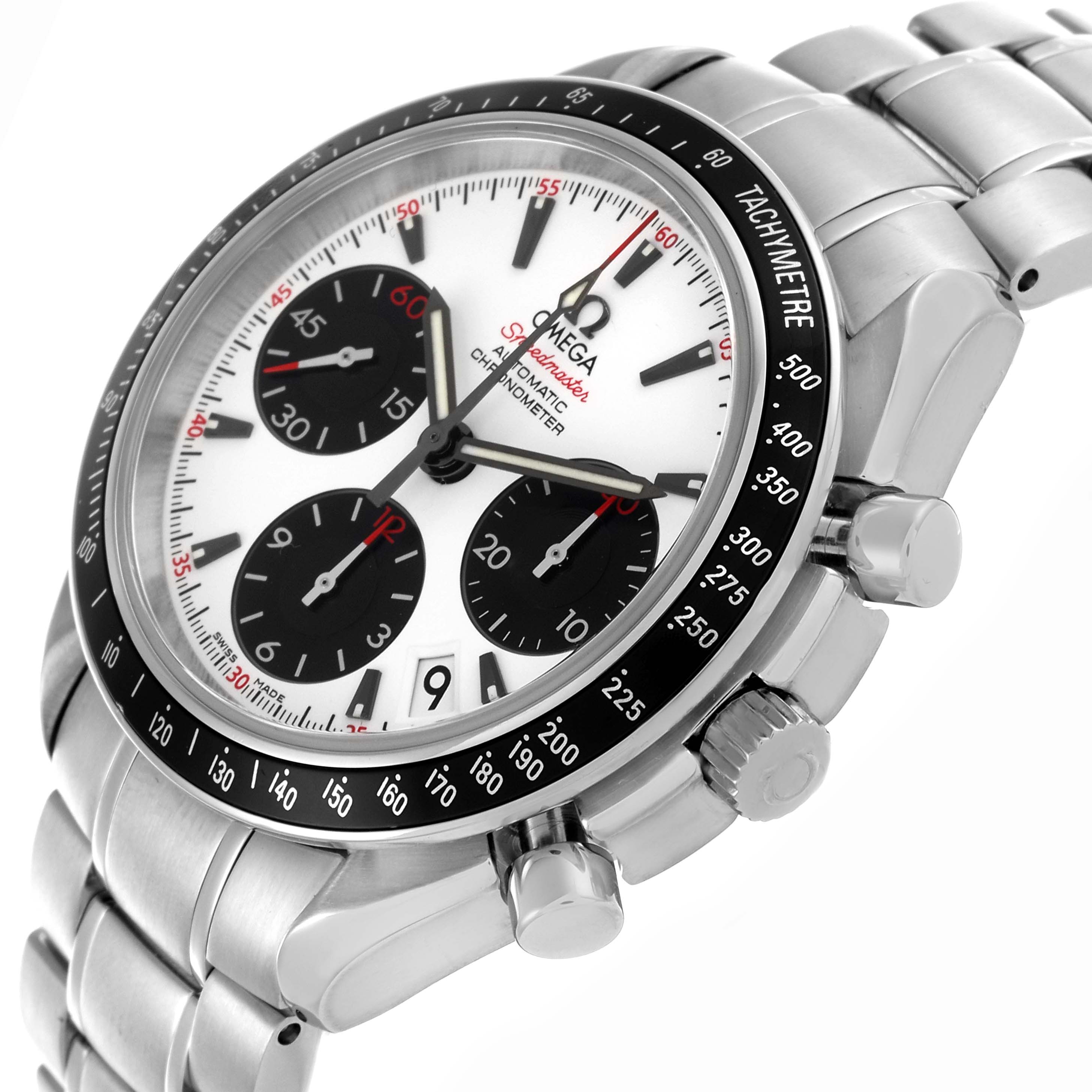The Omega Speedmaster 323.30.40.40.04.001 Men's Stainless Steel White Dial 323.30.40.40.04.001 Men's Stainless Steel White Dial watch is shown at a slight angle, displaying the dial, subdials, tachymetre bezel, and stainless steel bracelet.