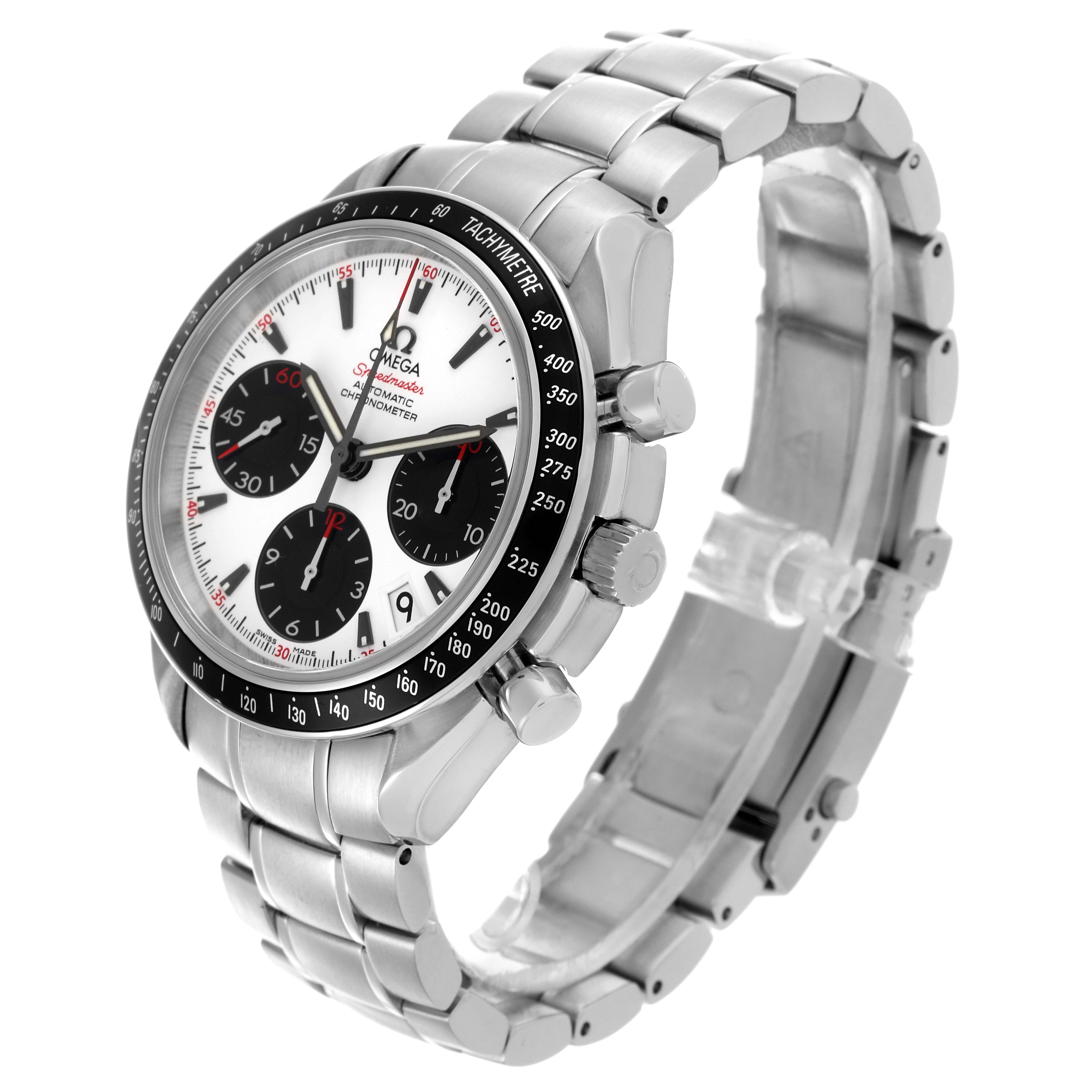 The Omega Speedmaster 323.30.40.40.04.001 Men's Stainless Steel White Dial 323.30.40.40.04.001 Men's Stainless Steel White Dial watch is shown at a three-quarter angle, highlighting the dial, bezel, pushers, and bracelet.