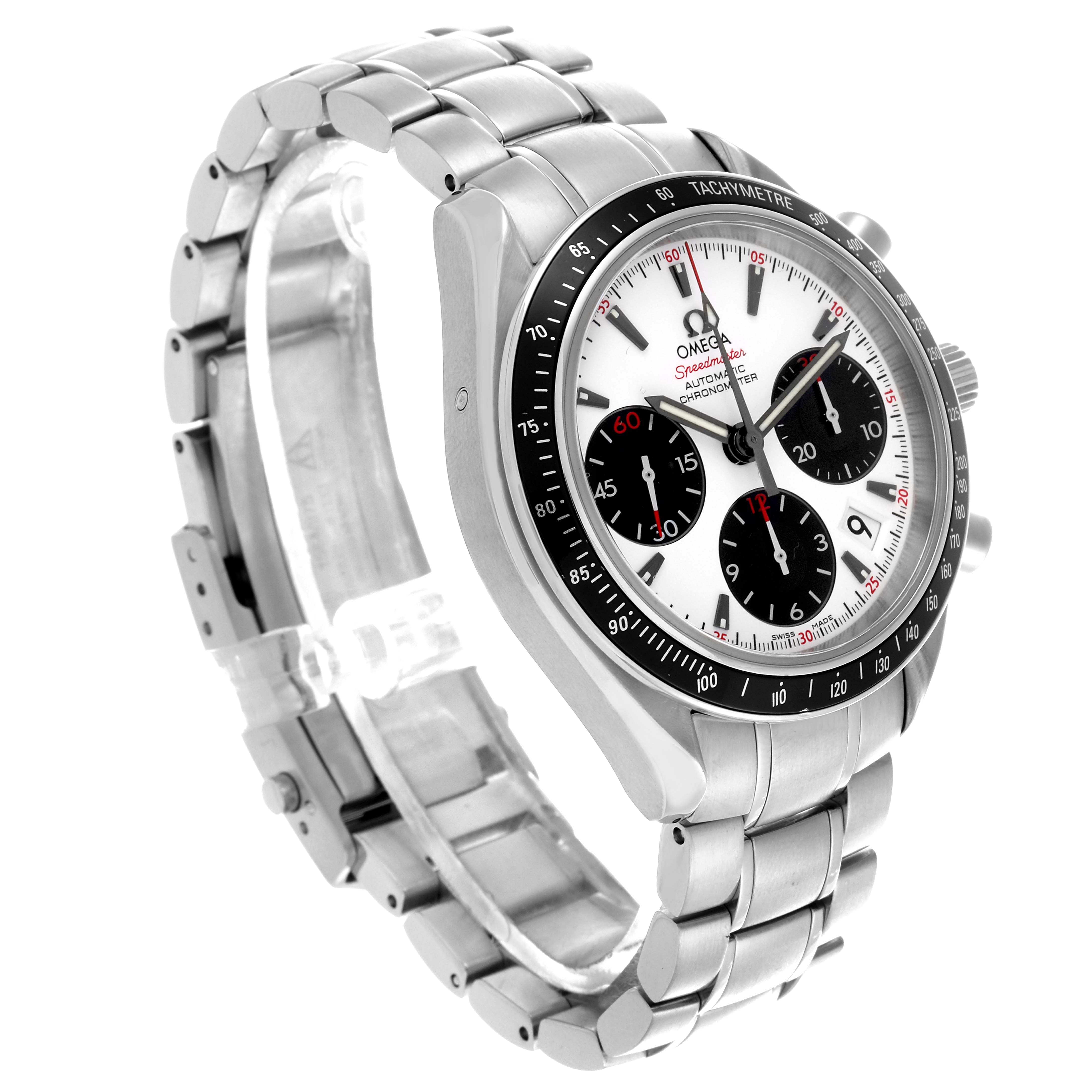 The Omega Speedmaster 323.30.40.40.04.001 Men's Stainless Steel White Dial 323.30.40.40.04.001 Men's Stainless Steel White Dial watch is shown at a three-quarter angle, highlighting the face, bezel, and bracelet.