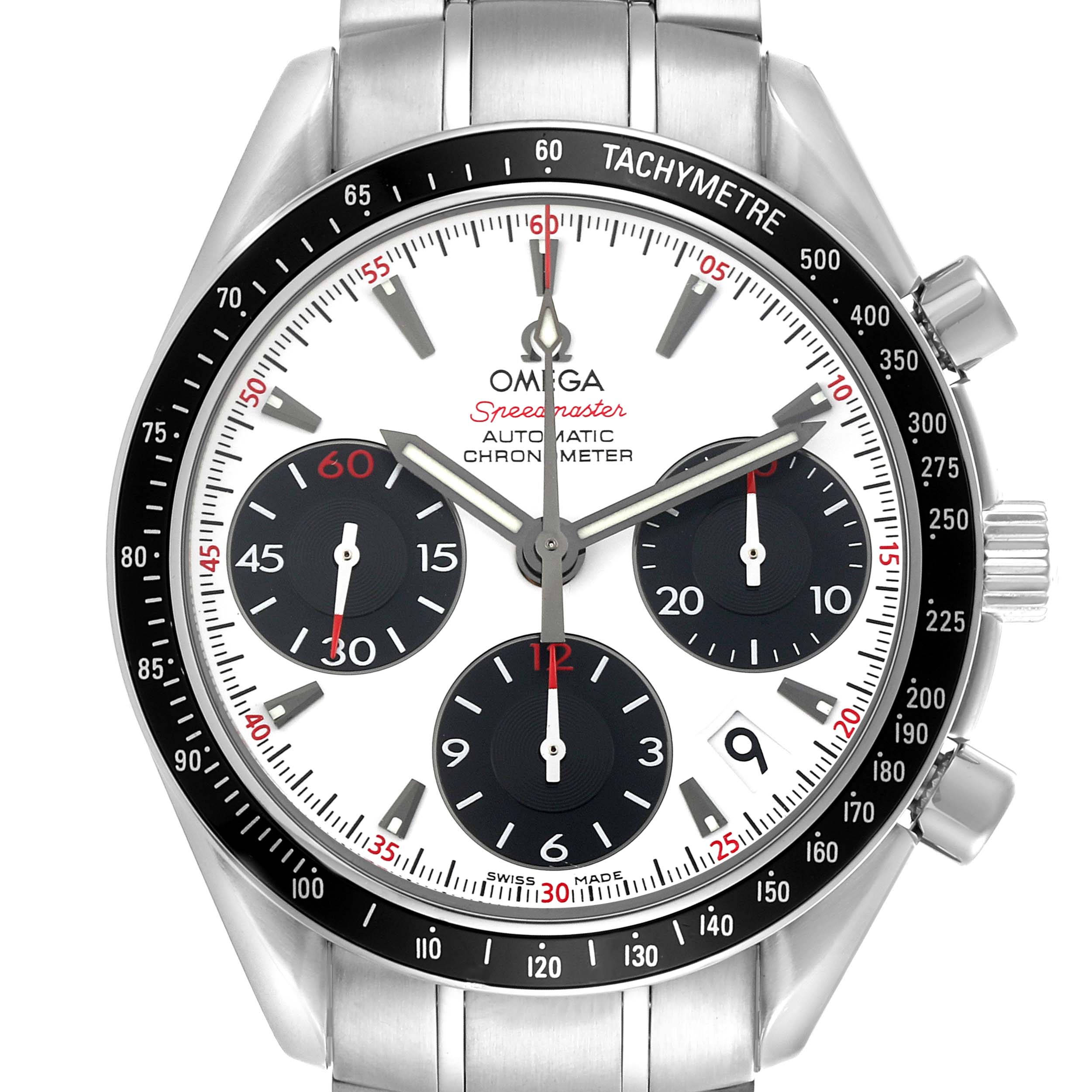 The Omega Speedmaster 323.30.40.40.04.001 Men's Stainless Steel White Dial 323.30.40.40.04.001 Men's Stainless Steel White Dial watch is shown from the front, highlighting the dial, bezel, and chronograph subdials.