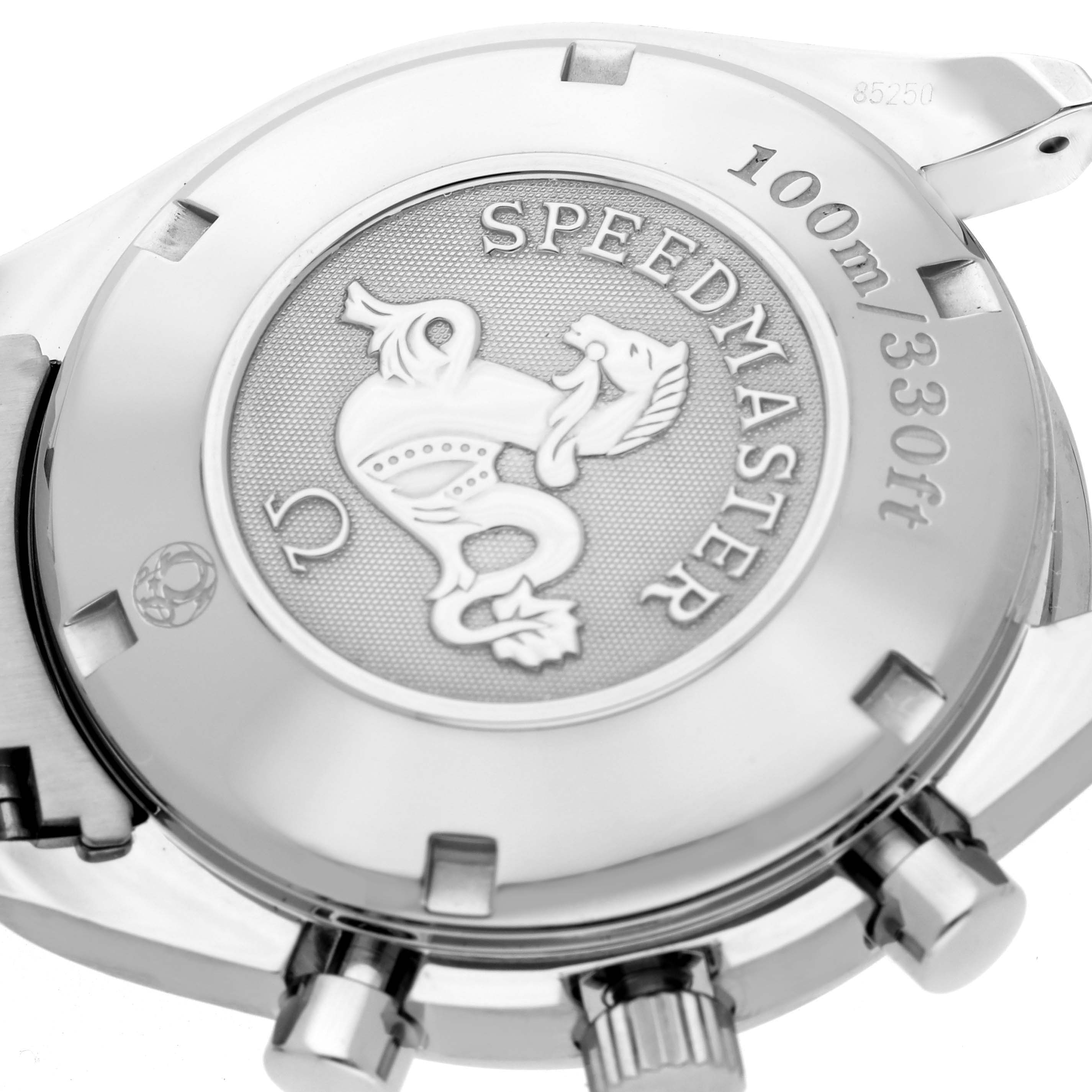 The image shows the case back of an Omega Speedmaster 323.30.40.40.04.001 Men's Stainless Steel White Dial 323.30.40.40.04.001 Men's Stainless Steel White Dial, highlighting its engraving and water resistance details.