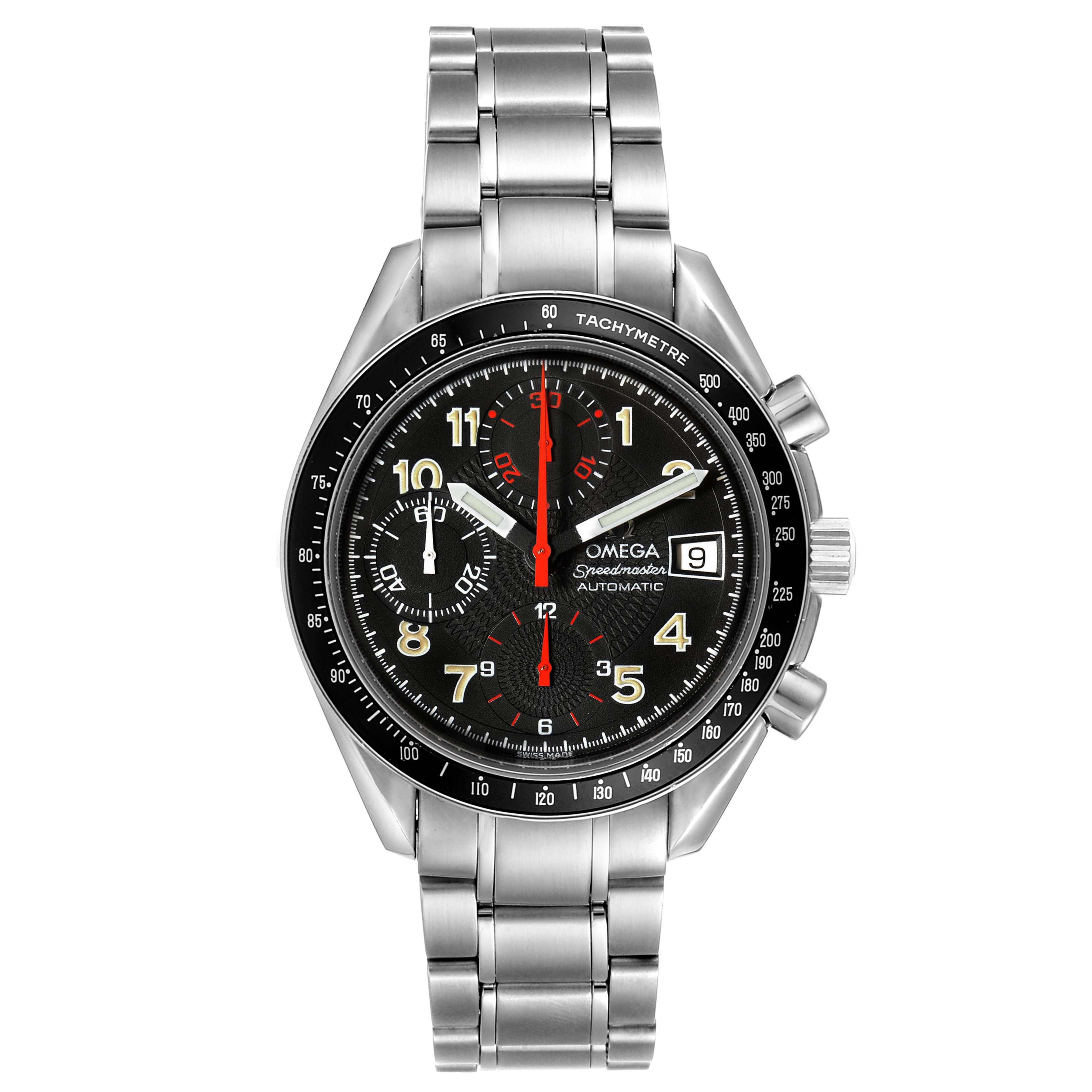 The image shows a front view of the Omega Speedmaster 3513.53.00 Men
s Stainless Steel Black Dial 3513.53.00 Men
s Stainless Steel Black Dial watch, featuring its stainless steel bracelet, tachymetric bezel, and chronograph dials.