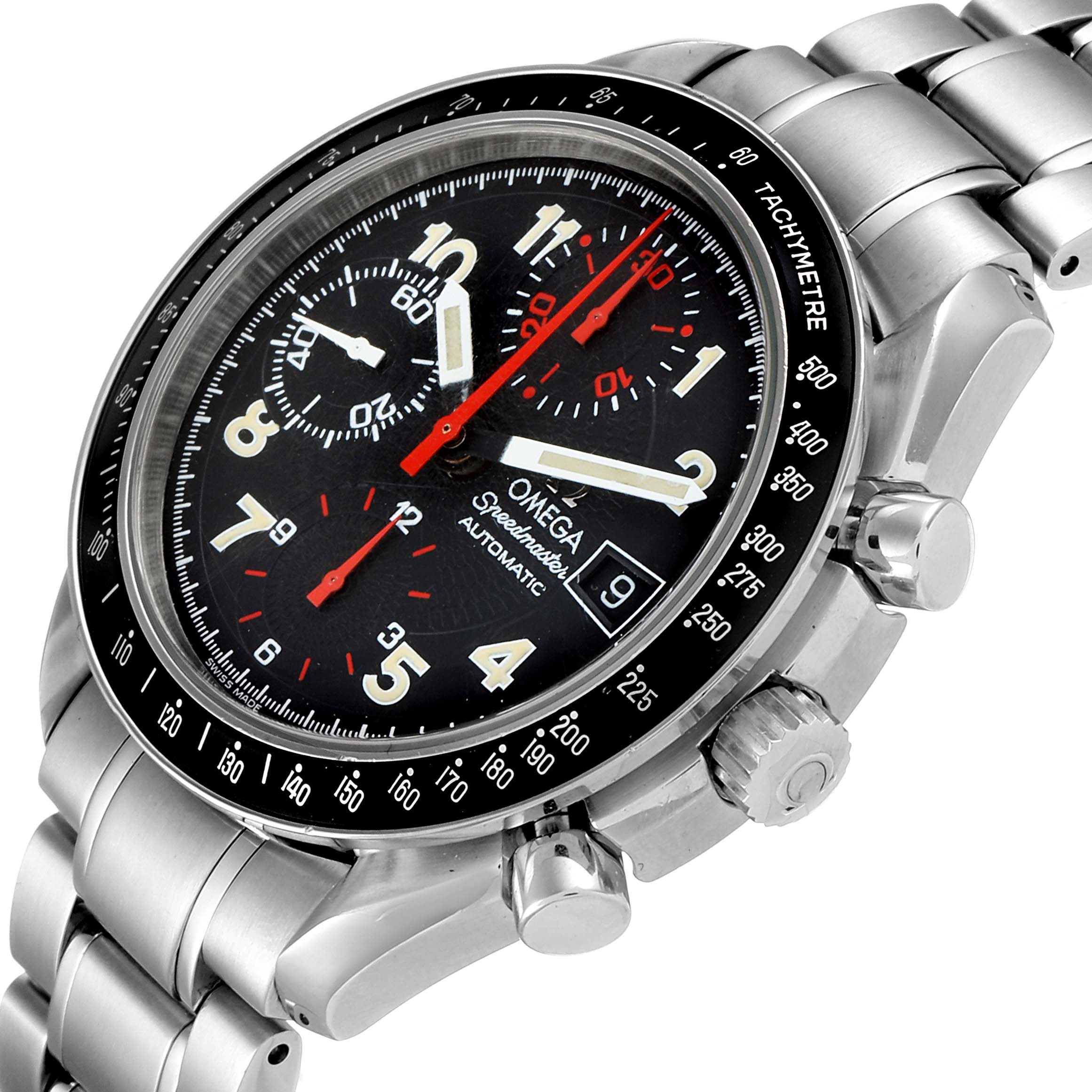 This image shows an Omega Speedmaster 3513.53.00 Men
s Stainless Steel Black Dial 3513.53.00 Men
s Stainless Steel Black Dial watch at an angle, displaying the face, bezel, crown, pushers, and part of the bracelet.