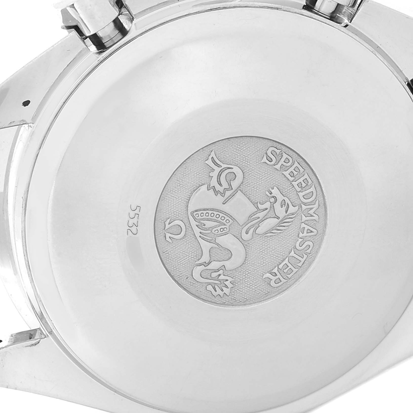 This image shows the back case of an Omega Speedmaster 3513.53.00 Men
s Stainless Steel Black Dial 3513.53.00 Men
s Stainless Steel Black Dial watch, featuring its engraved logo and model name.