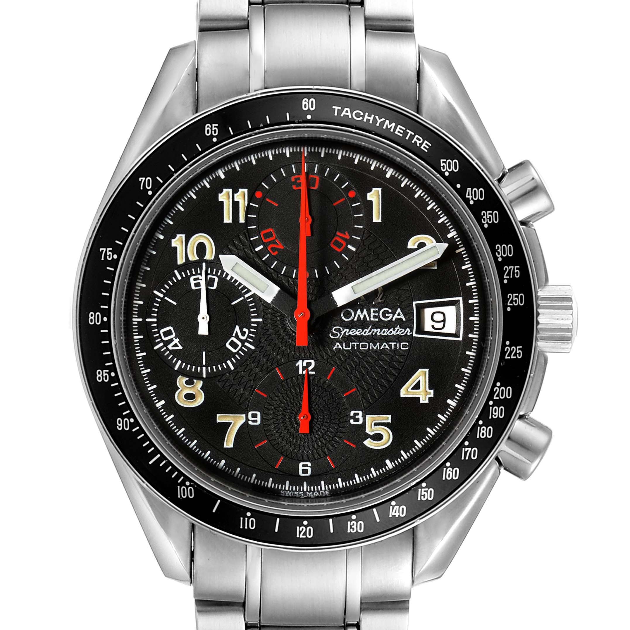 The image shows a front view of the Omega Speedmaster 3513.53.00 Men
s Stainless Steel Black Dial 3513.53.00 Men
s Stainless Steel Black Dial watch, highlighting its face, tachymeter bezel, and stainless steel bracelet.