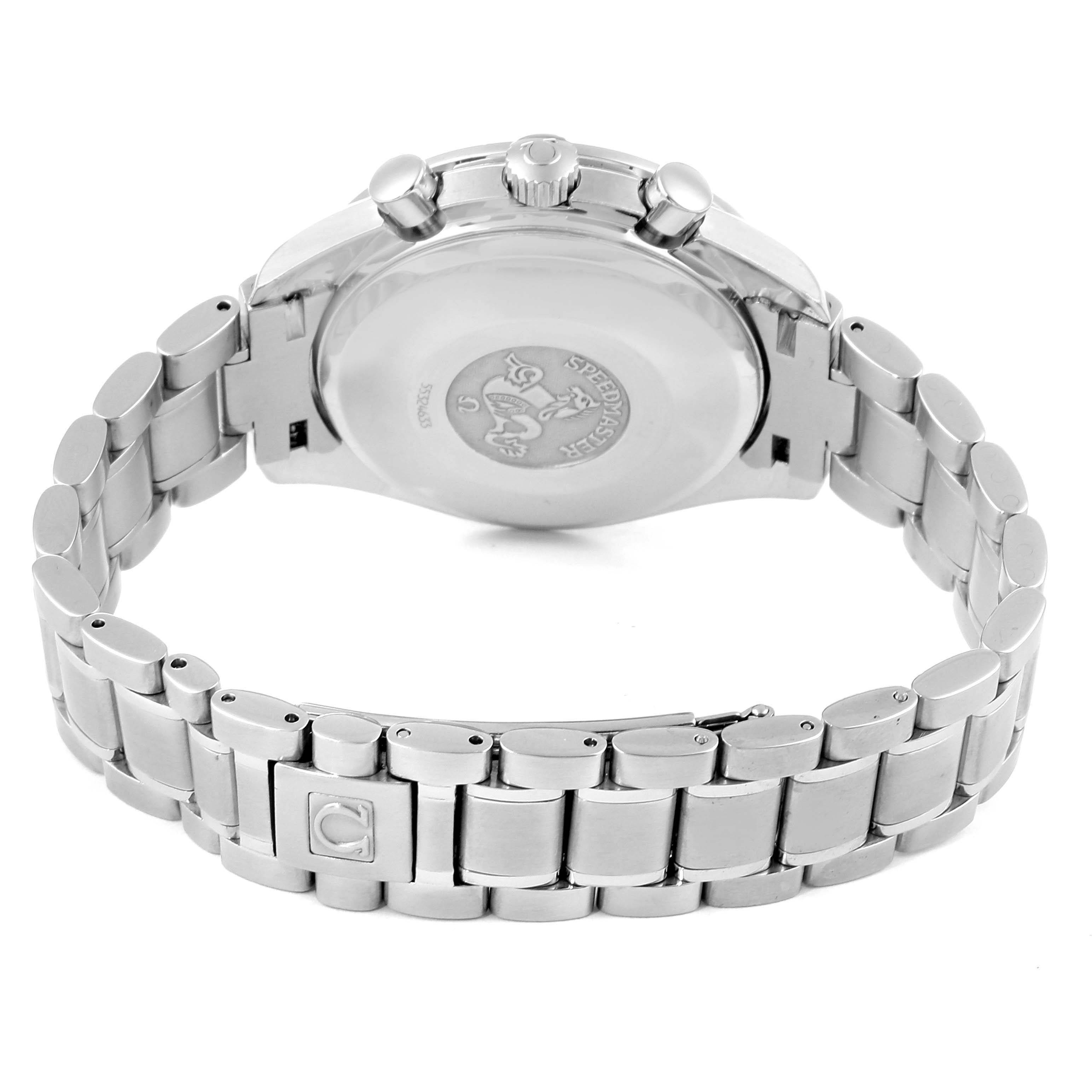 The image shows the back and bracelet of an Omega Speedmaster 3513.53.00 Men
s Stainless Steel Black Dial 3513.53.00 Men
s Stainless Steel Black Dial watch, focusing on the clasp and case back details.