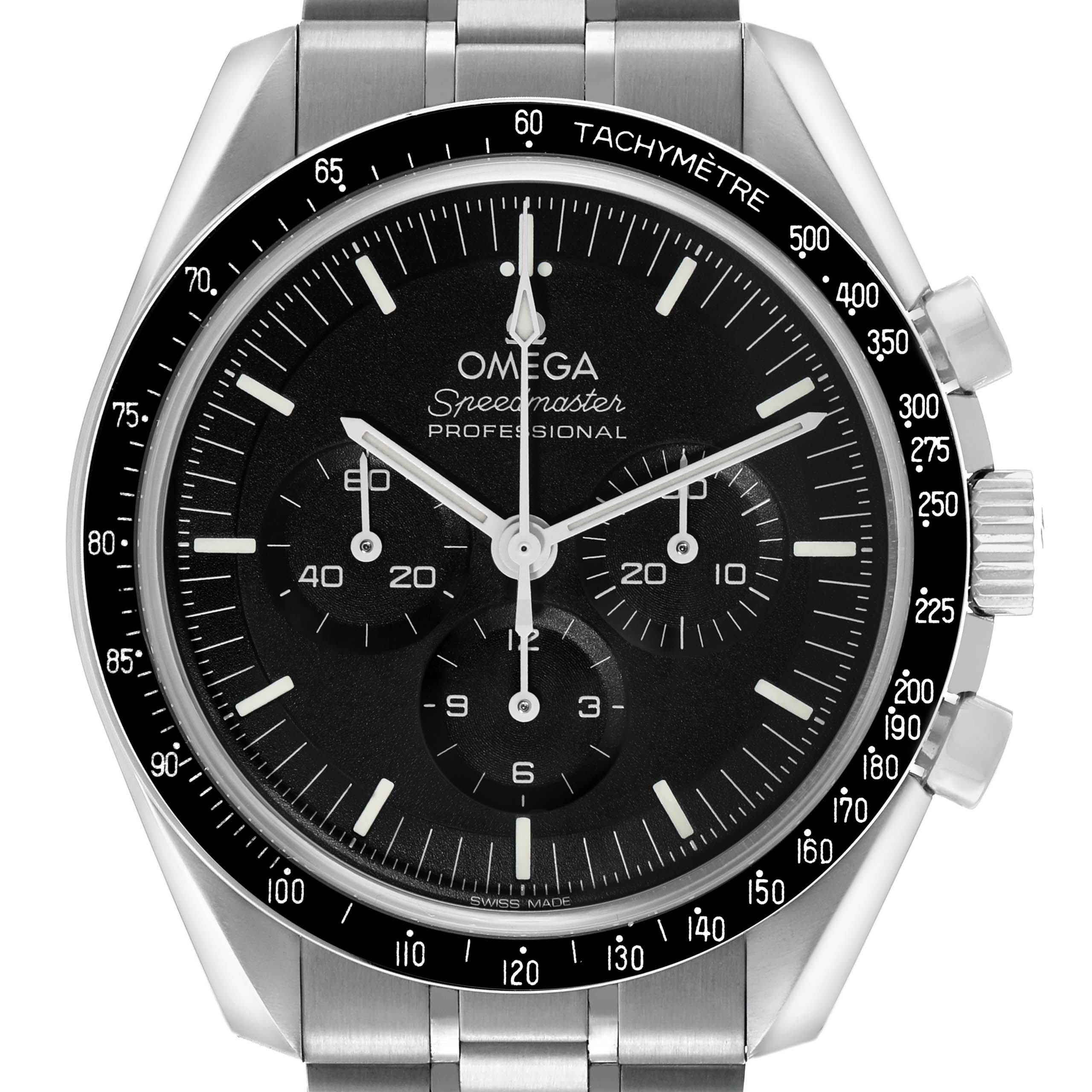 The Omega Speedmaster 310.30.42.50.01.002 Men's Stainless Steel Black Dial watch is shown from a frontal angle, displaying the dial, tachymeter bezel, subdials, and part of the bracelet.
