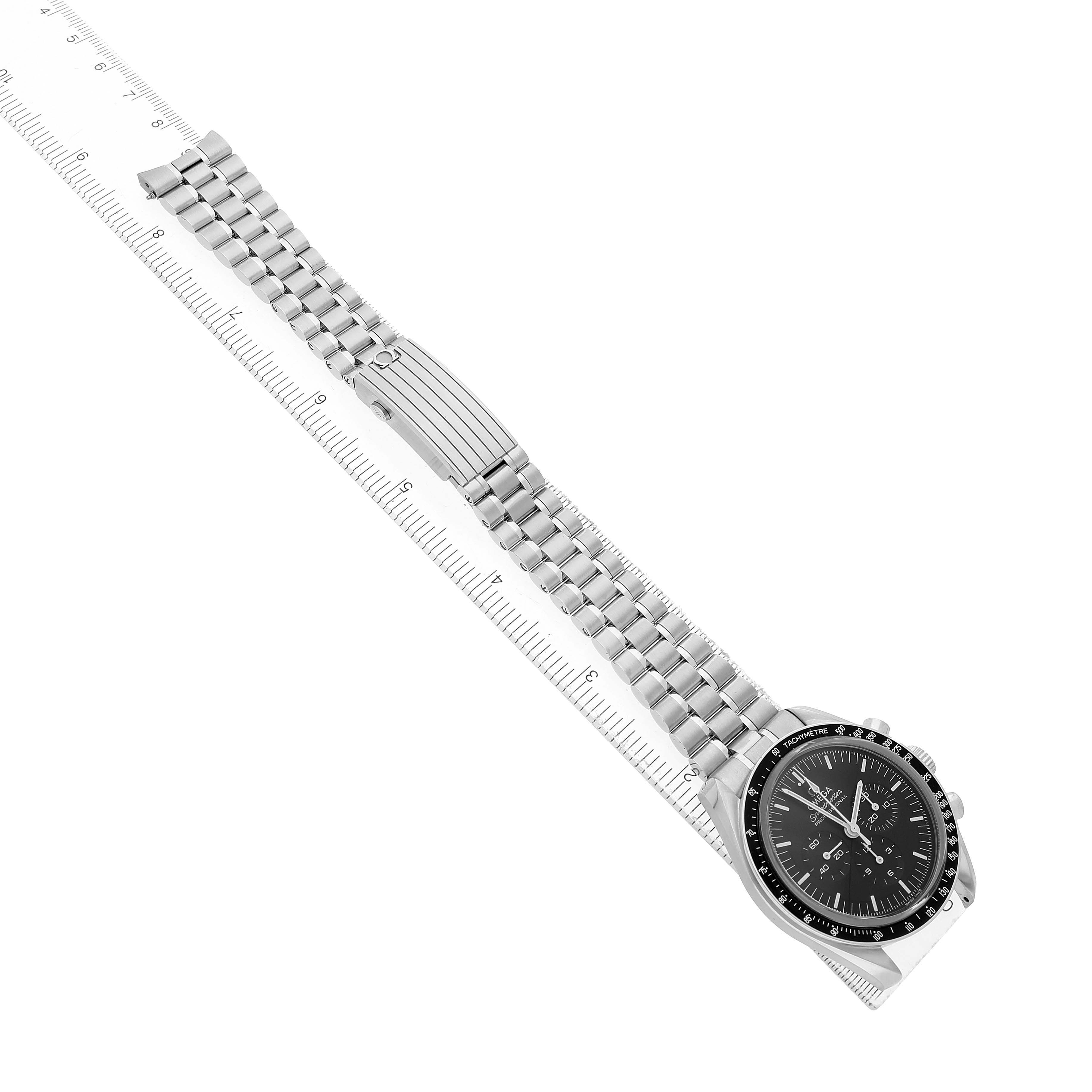 The image shows an Omega Speedmaster 310.30.42.50.01.002 Men's Stainless Steel Black Dial watch at an overhead angle, displaying the face, bracelet, and clasp.