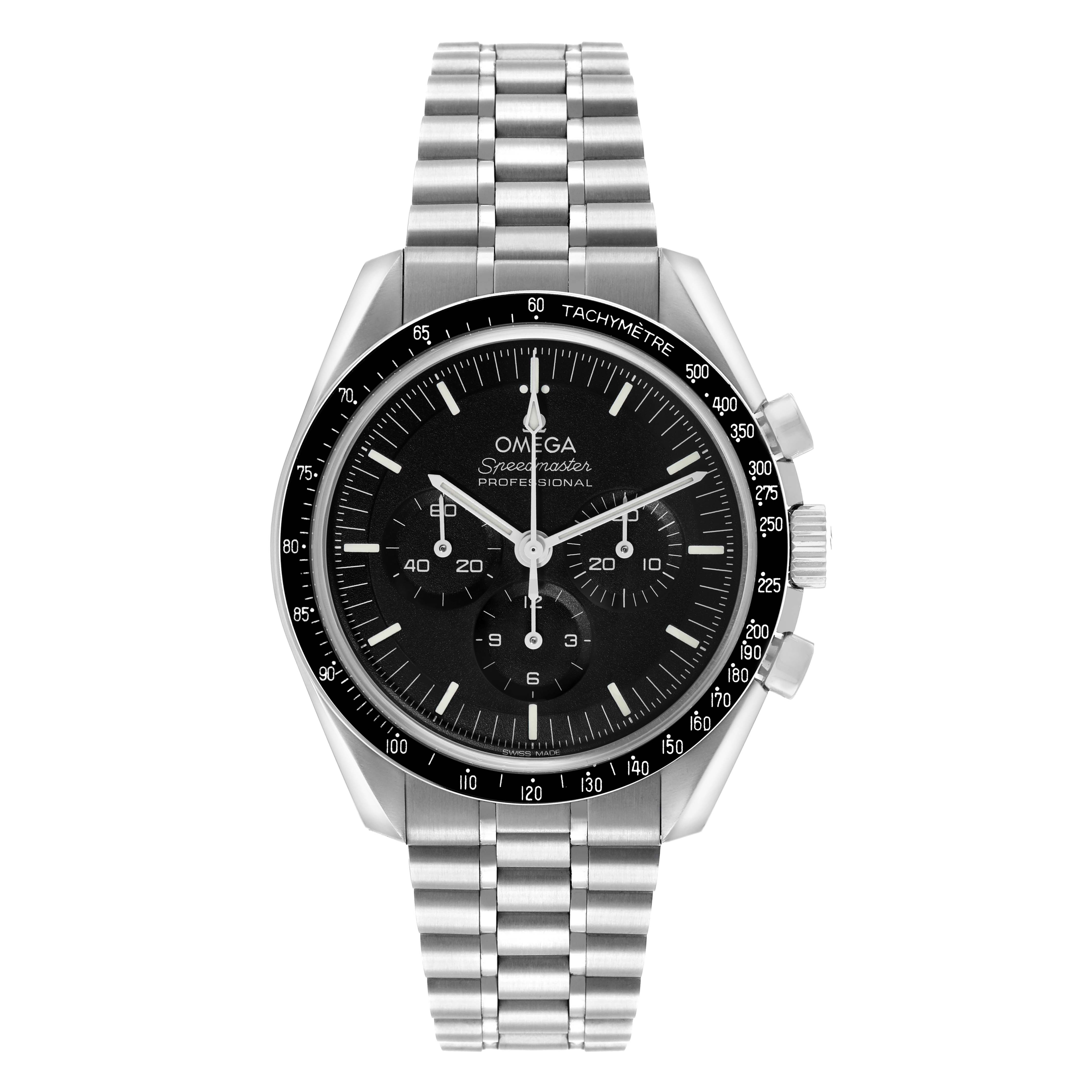 The Omega Speedmaster 310.30.42.50.01.002 Men's Stainless Steel Black Dial watch is shown from the front, displaying the dial, bezel, case, and bracelet.