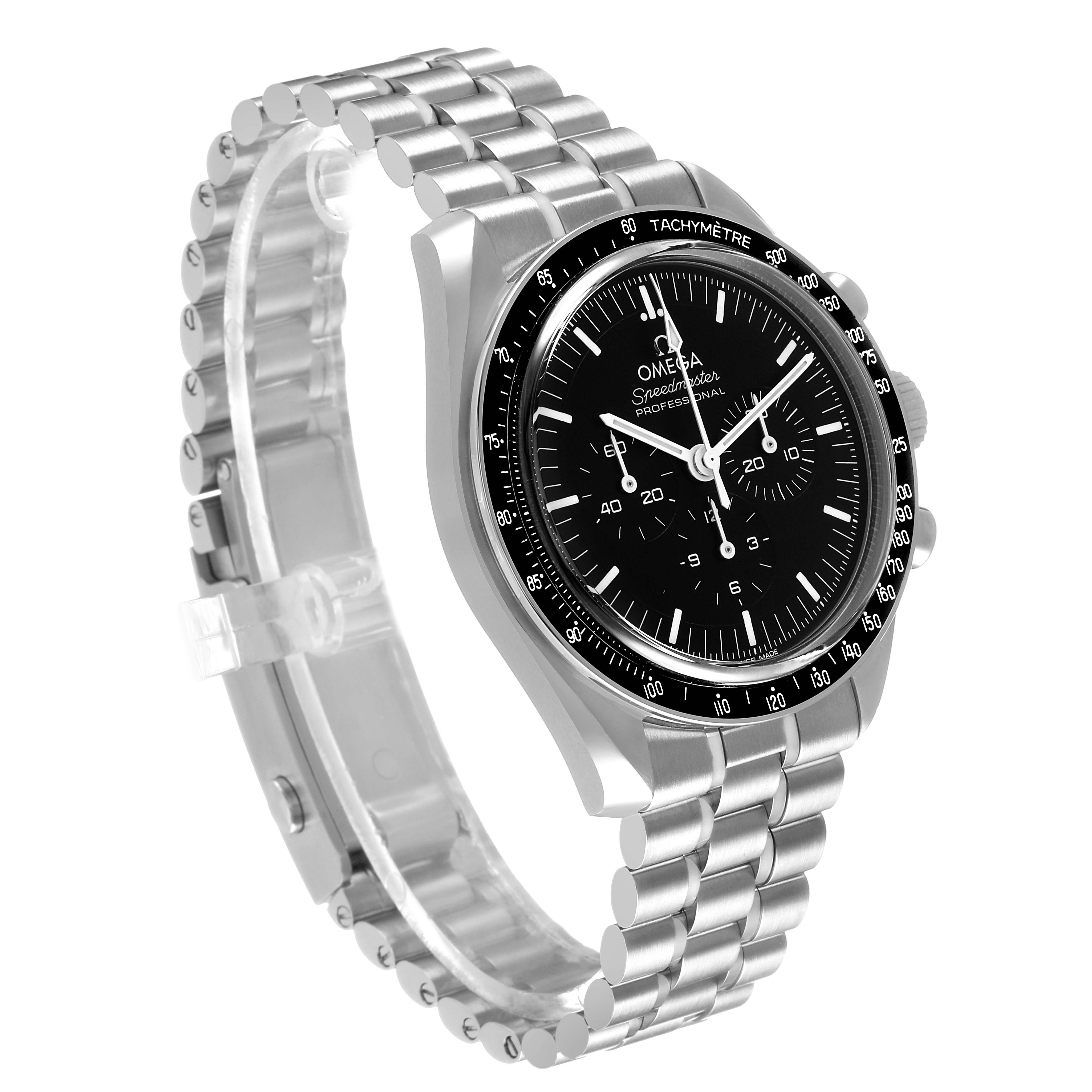 The Omega Speedmaster 310.30.42.50.01.002 Men's Stainless Steel Black Dial watch is shown at a three-quarter angle, highlighting the face, tachymeter bezel, and stainless steel bracelet.