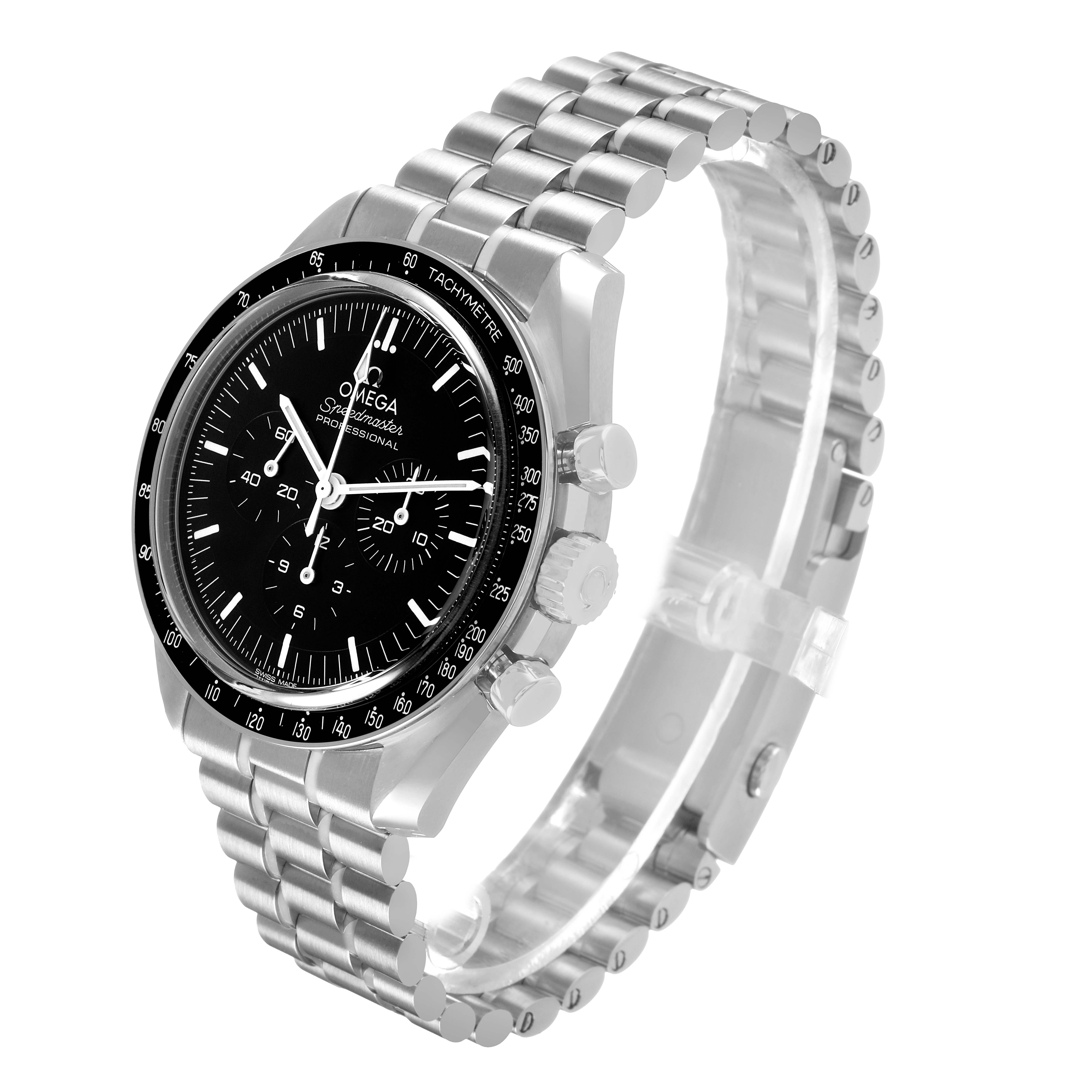 The Omega Speedmaster 310.30.42.50.01.002 Men's Stainless Steel Black Dial watch is shown from a three-quarter angle, highlighting the face, bezel, and bracelet.