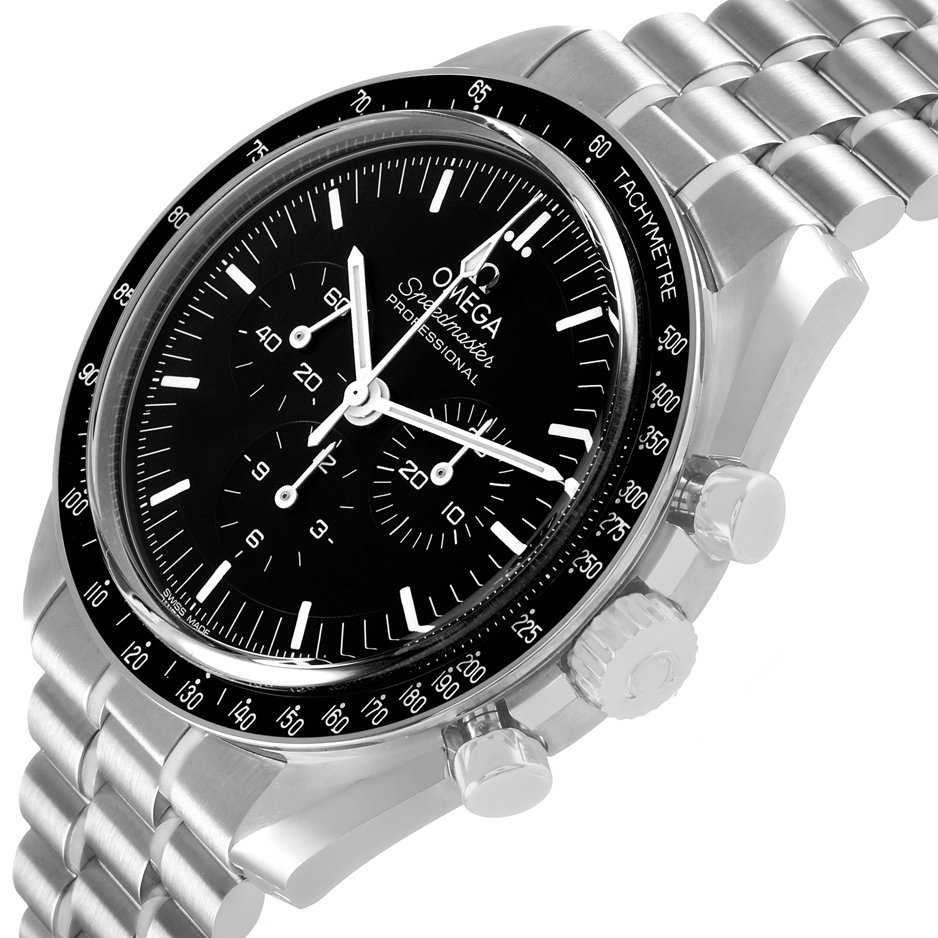 The Omega Speedmaster 310.30.42.50.01.002 Men's Stainless Steel Black Dial watch is shown at an angle highlighting the dial, tachymeter bezel, bracelet, and side pushers.