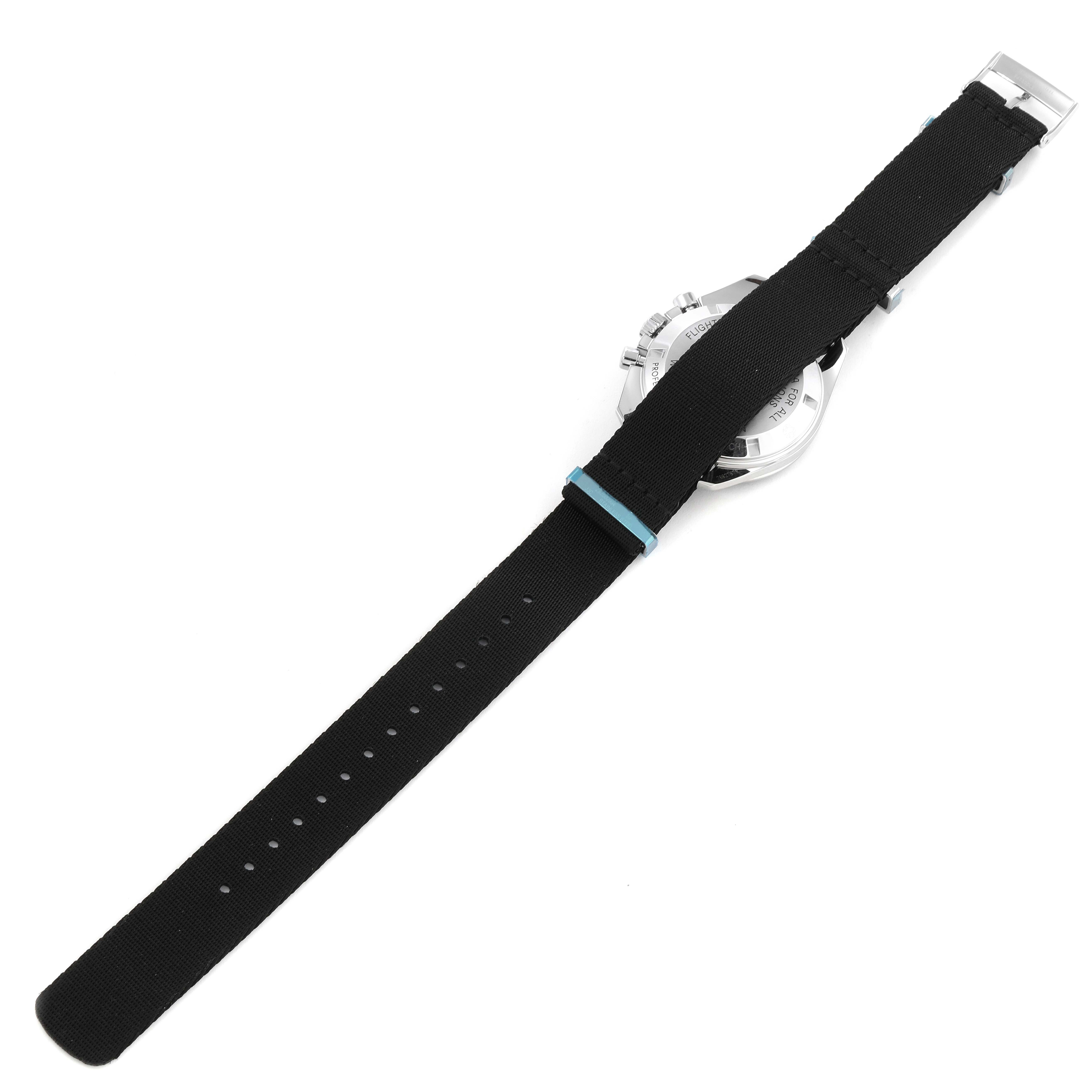 The Omega Speedmaster 311.30.42.30.01.005 Men's Stainless Steel Black Dial 311.30.42.30.01.005 Men's Stainless Steel Black Dial watch is shown from a rear angle focusing on the strap and part of the case back.