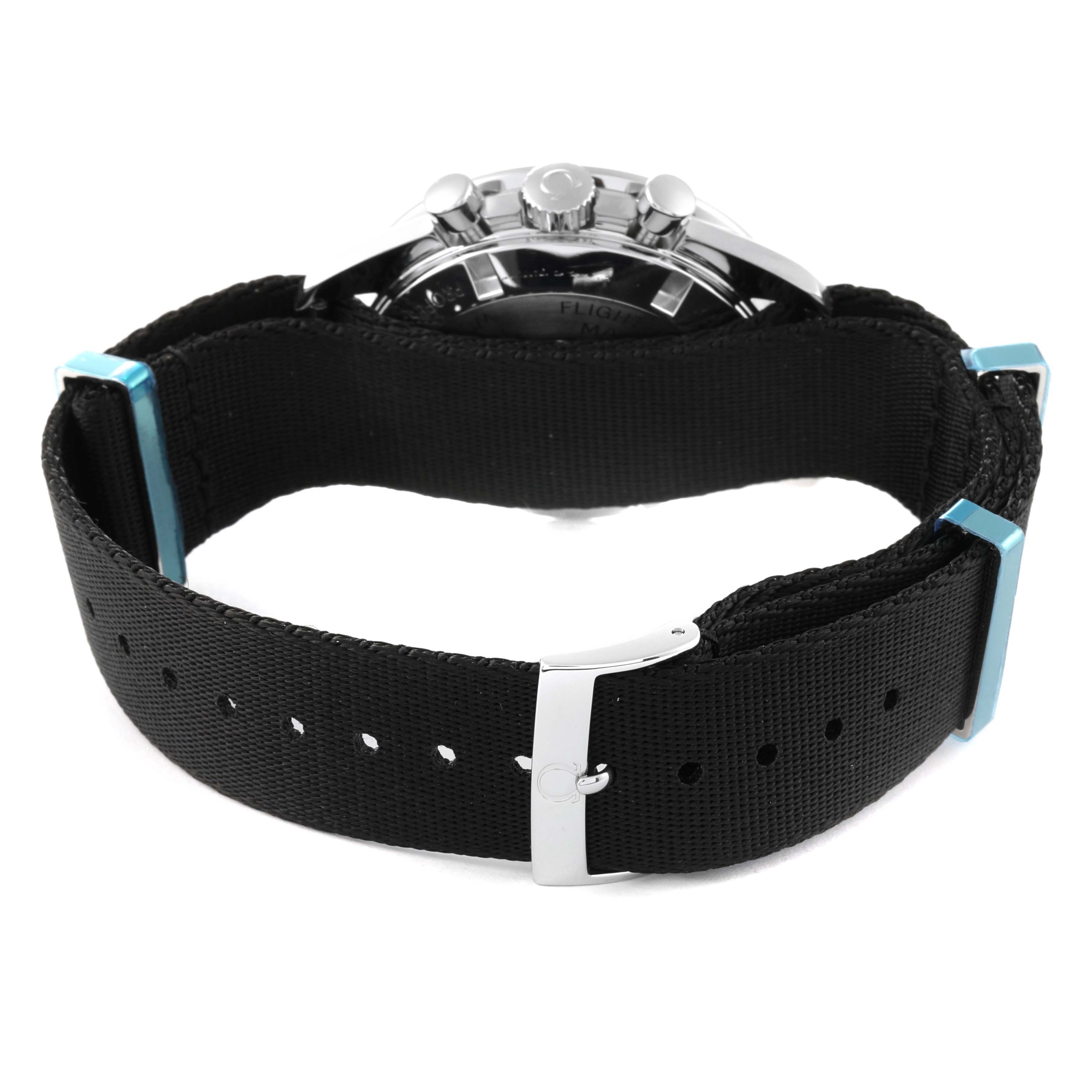 The image shows the Omega Speedmaster 311.30.42.30.01.005 Men's Stainless Steel Black Dial 311.30.42.30.01.005 Men's Stainless Steel Black Dial watch from the back, highlighting the clasp, strap, and side view of the case.