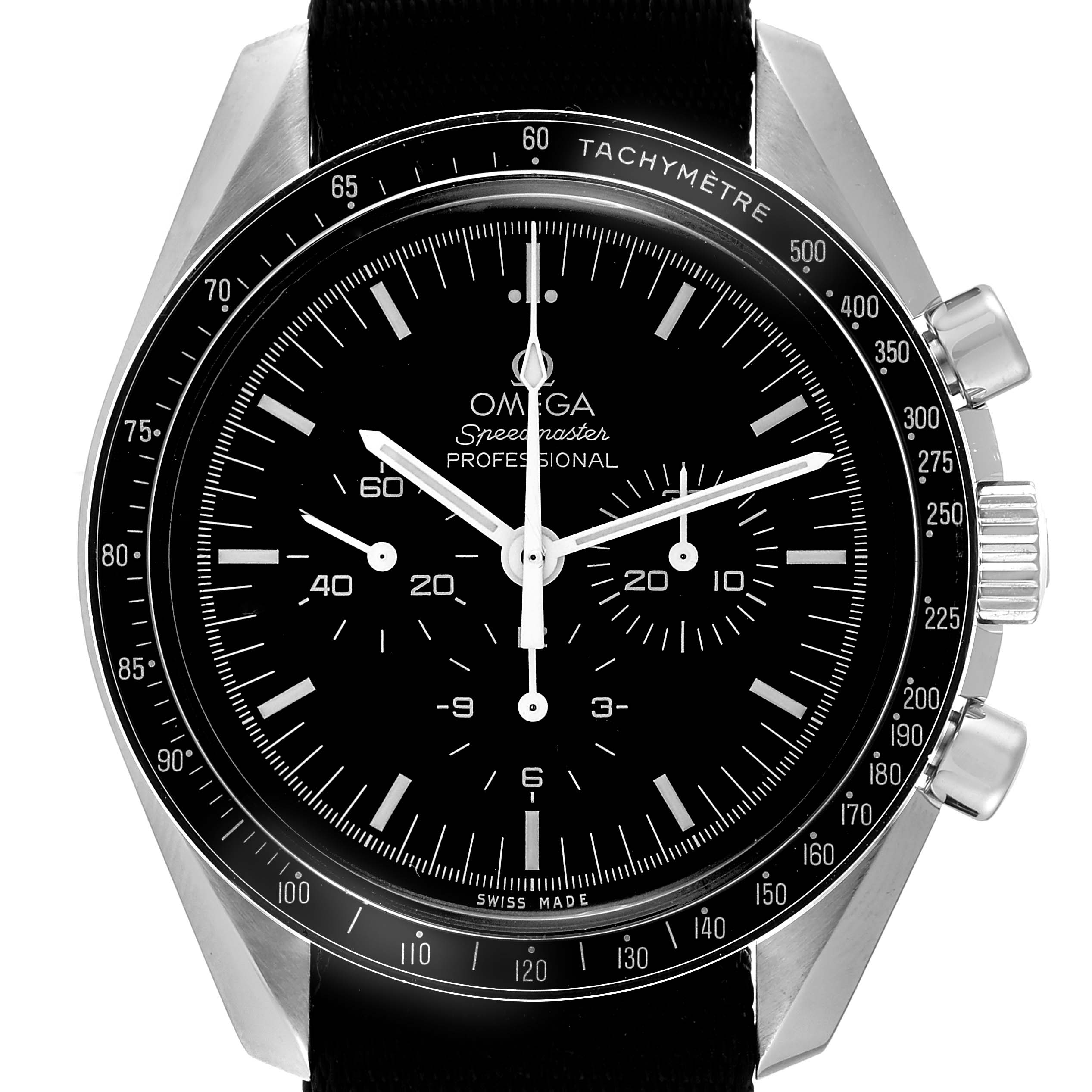 The Omega Speedmaster 311.30.42.30.01.005 Men's Stainless Steel Black Dial 311.30.42.30.01.005 Men's Stainless Steel Black Dial watch is shown from a front angle, highlighting the dial, tachymeter bezel, and pushers.