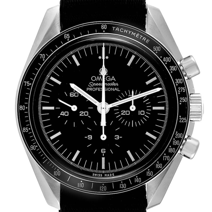 The Omega Speedmaster watch is shown from a front angle, highlighting the dial, tachymeter bezel, and pushers.