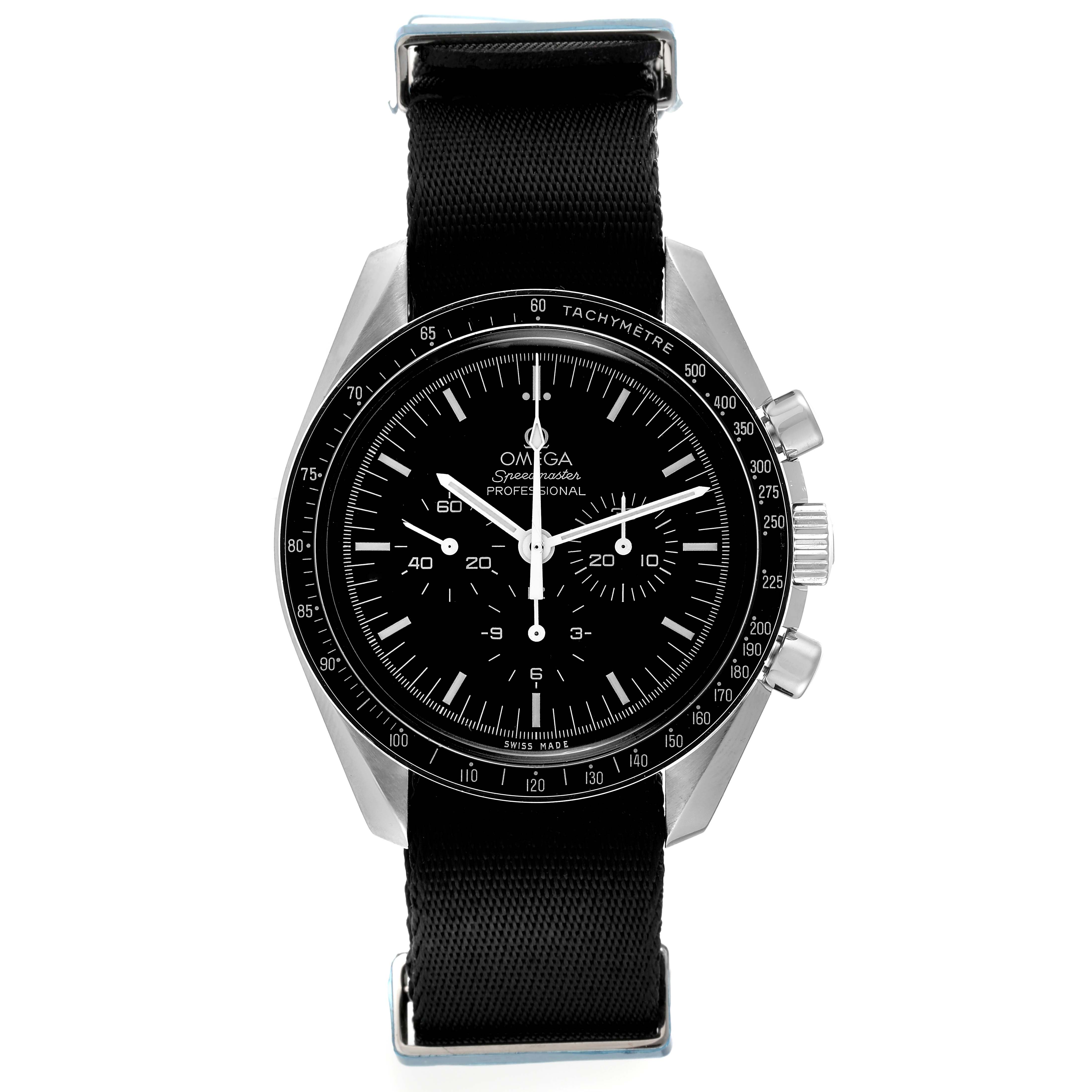 The Omega Speedmaster 311.30.42.30.01.005 Men's Stainless Steel Black Dial 311.30.42.30.01.005 Men's Stainless Steel Black Dial watch is shown from a front angle, displaying the dial, bezel with tachymeter, and strap.