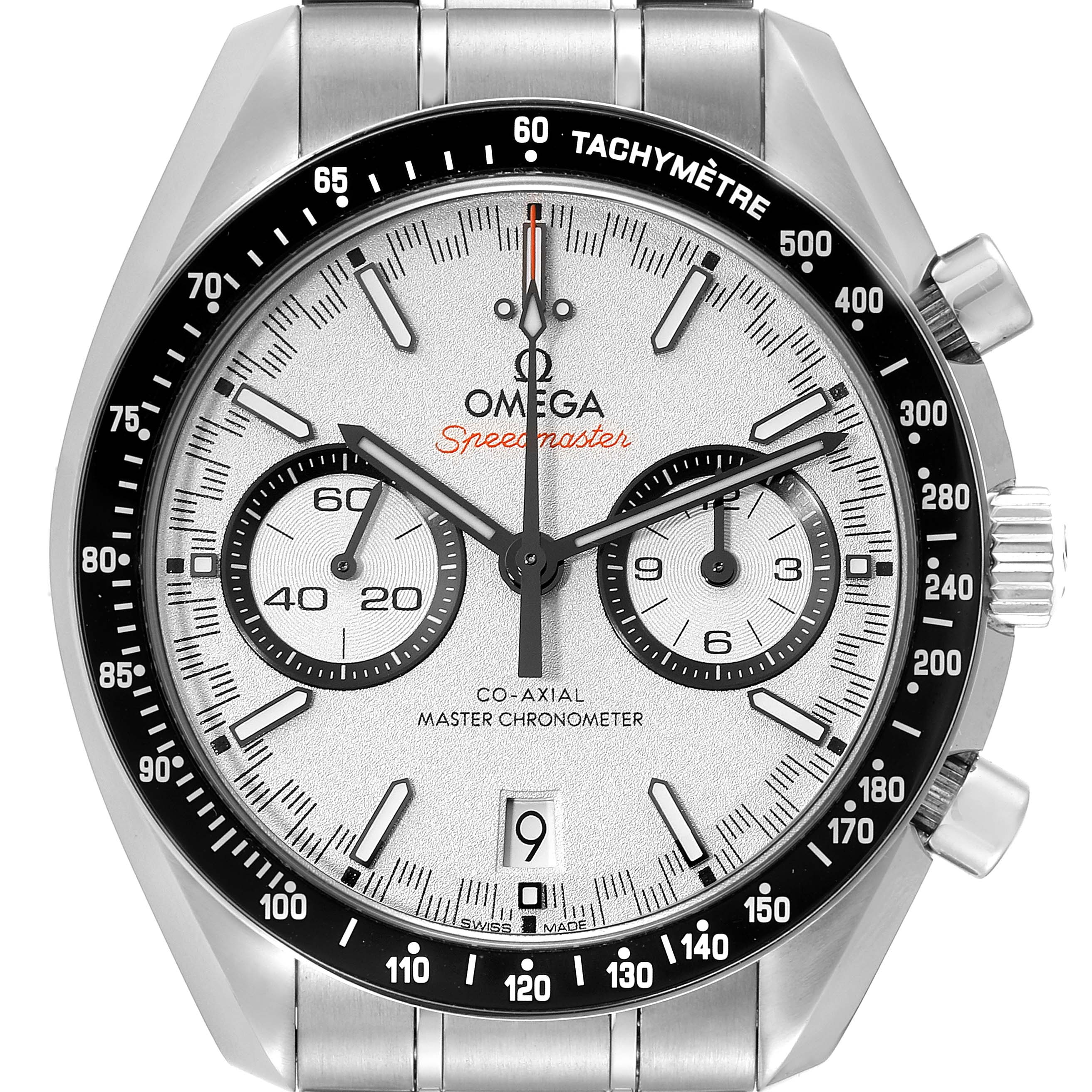 The Omega Speedmaster 329.30.44.51.04.001 Men
s Stainless Steel Silver Dial 329.30.44.51.04.001 Men
s Stainless Steel Silver Dial watch is shown from the front, featuring the dial, subdials, tachymeter bezel, and stainless steel bracelet.