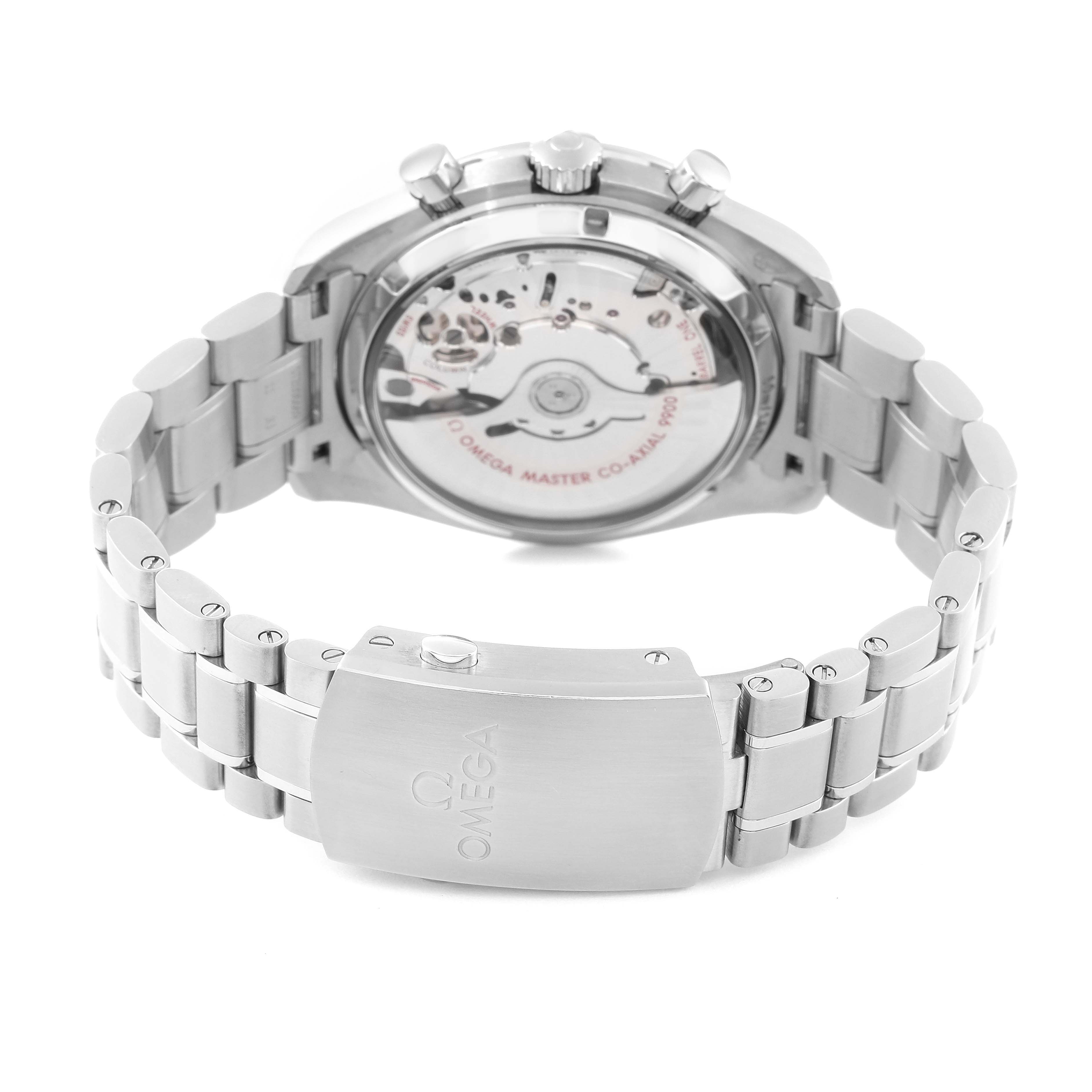 The image shows the back view of an Omega Speedmaster 329.30.44.51.04.001 Men
s Stainless Steel Silver Dial 329.30.44.51.04.001 Men
s Stainless Steel Silver Dial watch, highlighting its clasp and open case back displaying the movement.