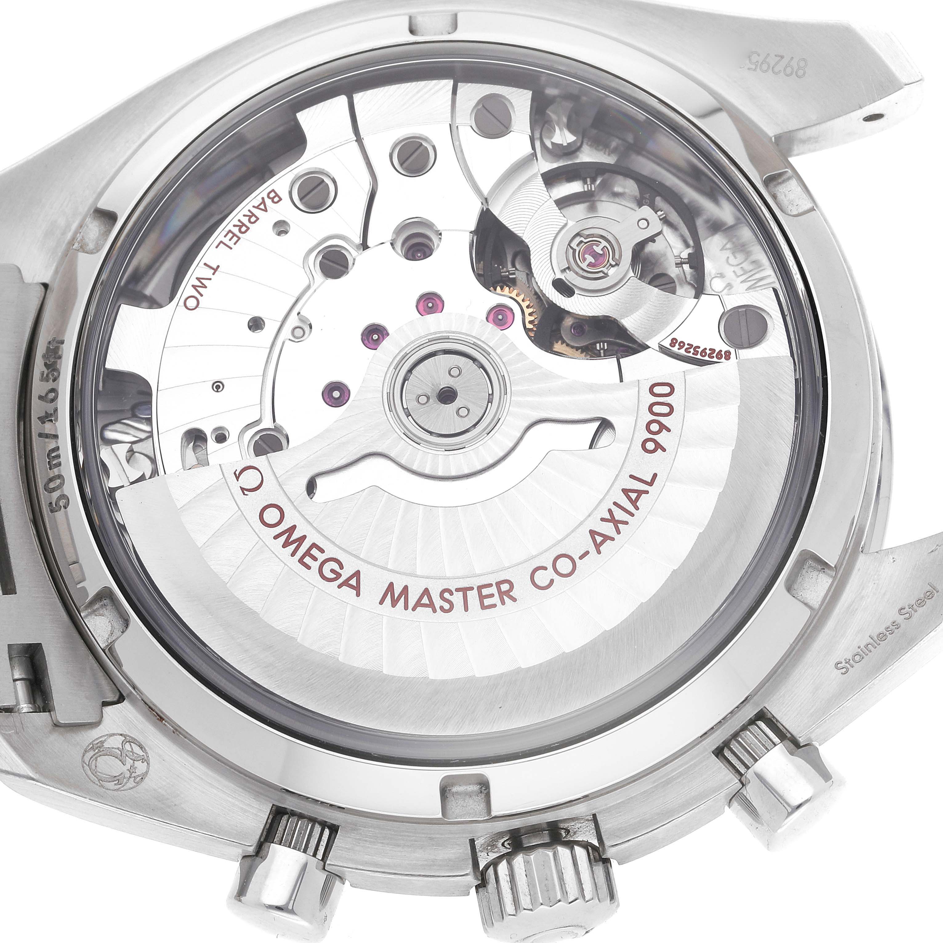 This is a close-up of the Omega Speedmaster 329.30.44.51.04.001 Men
s Stainless Steel Silver Dial 329.30.44.51.04.001 Men
s Stainless Steel Silver Dial
s case back, showcasing its co-axial 9900 movement.