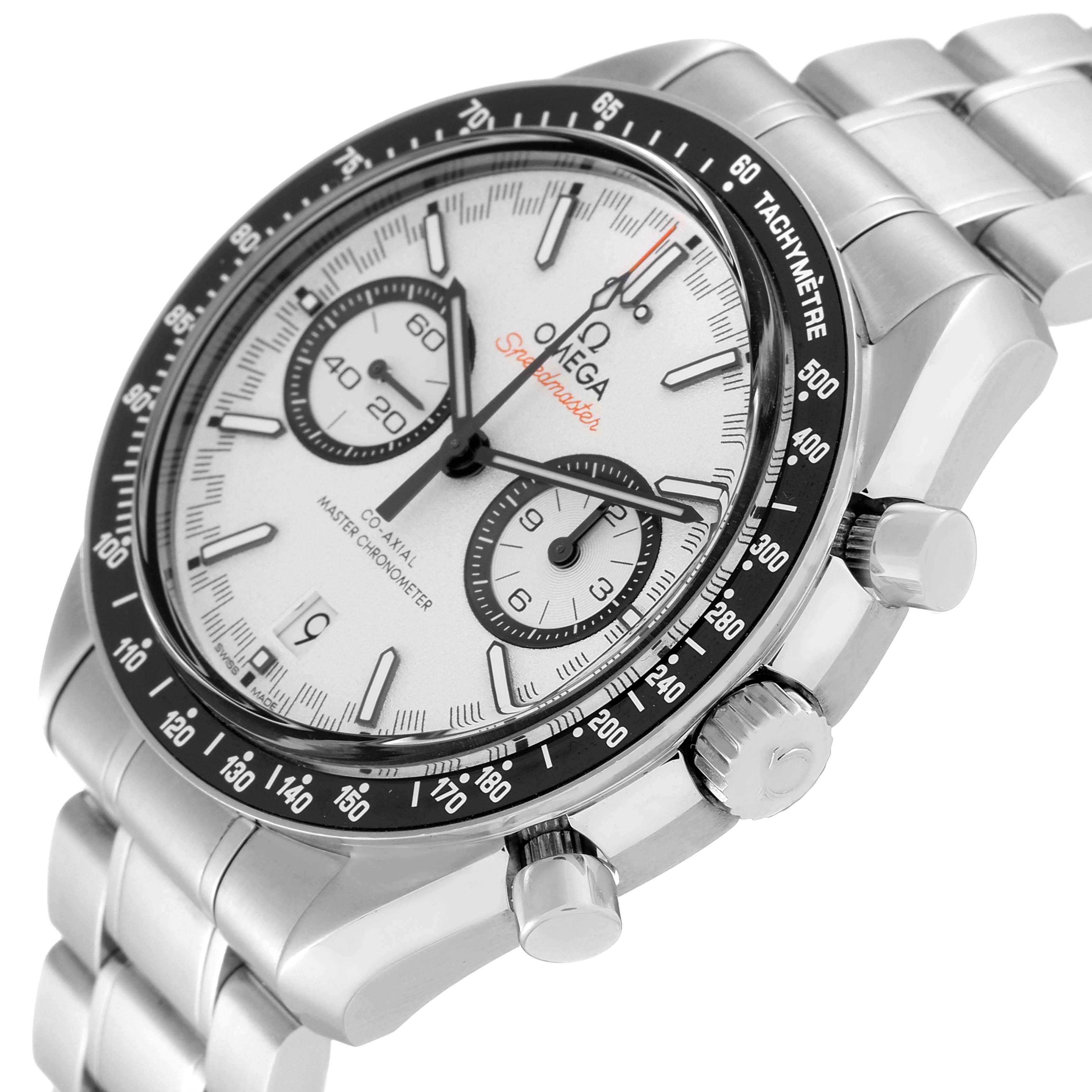 The Omega Speedmaster 329.30.44.51.04.001 Men
s Stainless Steel Silver Dial 329.30.44.51.04.001 Men
s Stainless Steel Silver Dial watch is shown at a three-quarter angle, highlighting the face, bezel, side buttons, and part of the bracelet.