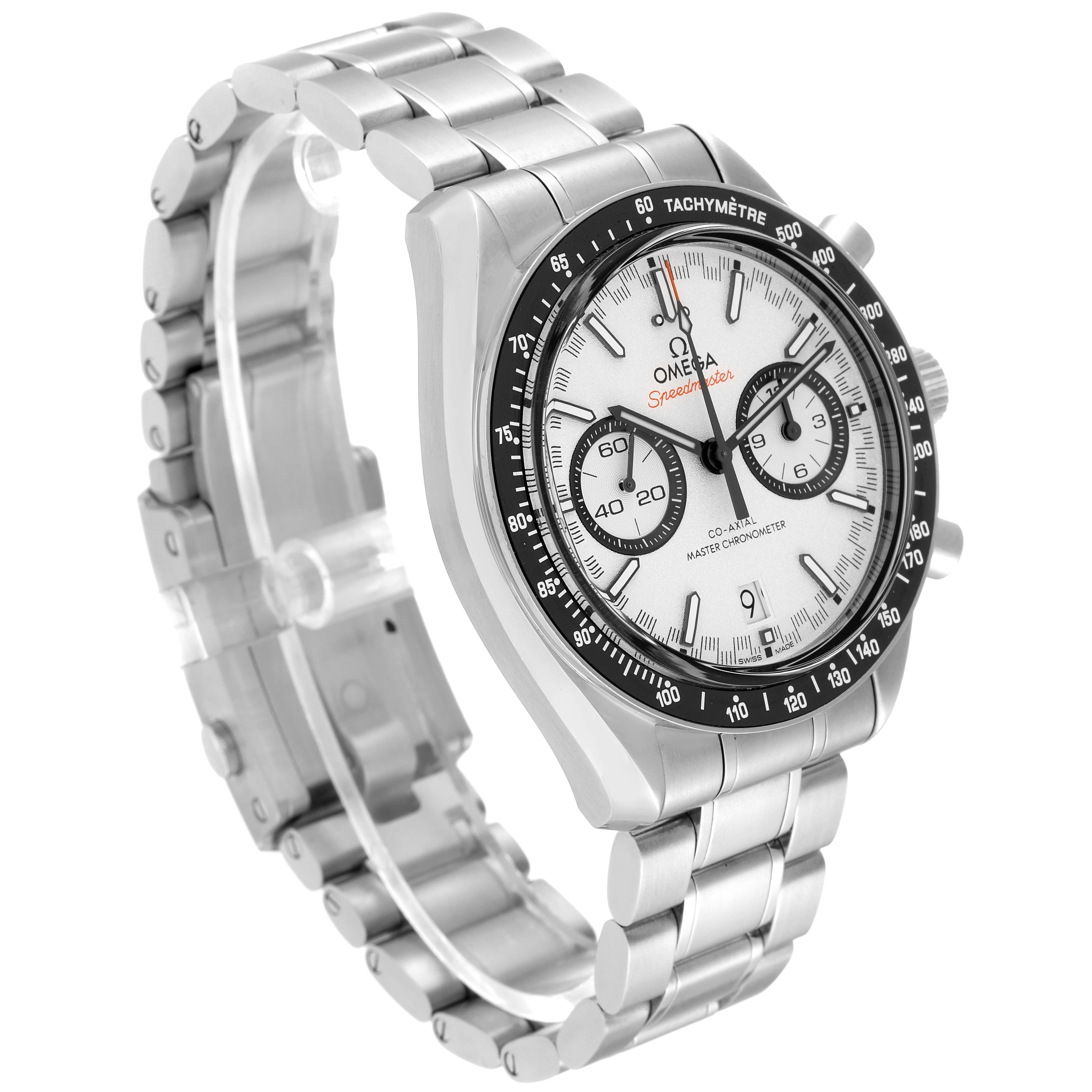 This image shows an angled view of an Omega Speedmaster 329.30.44.51.04.001 Men
s Stainless Steel Silver Dial 329.30.44.51.04.001 Men
s Stainless Steel Silver Dial watch highlighting the dial, bezel, and metal bracelet.