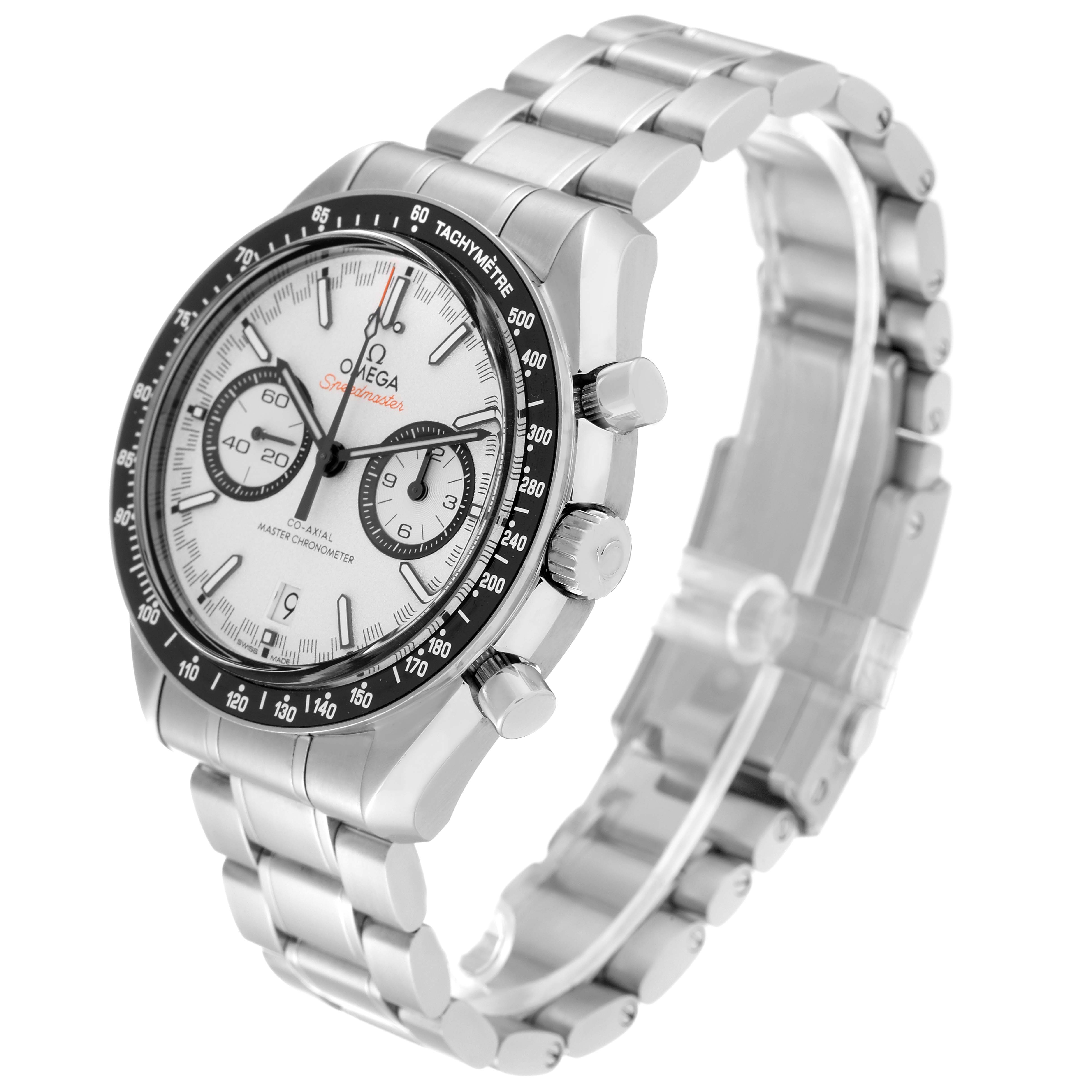 This Omega Speedmaster 329.30.44.51.04.001 Men
s Stainless Steel Silver Dial 329.30.44.51.04.001 Men
s Stainless Steel Silver Dial watch is shown at a three-quarter angle highlighting its face, bezel, crown, and bracelet.