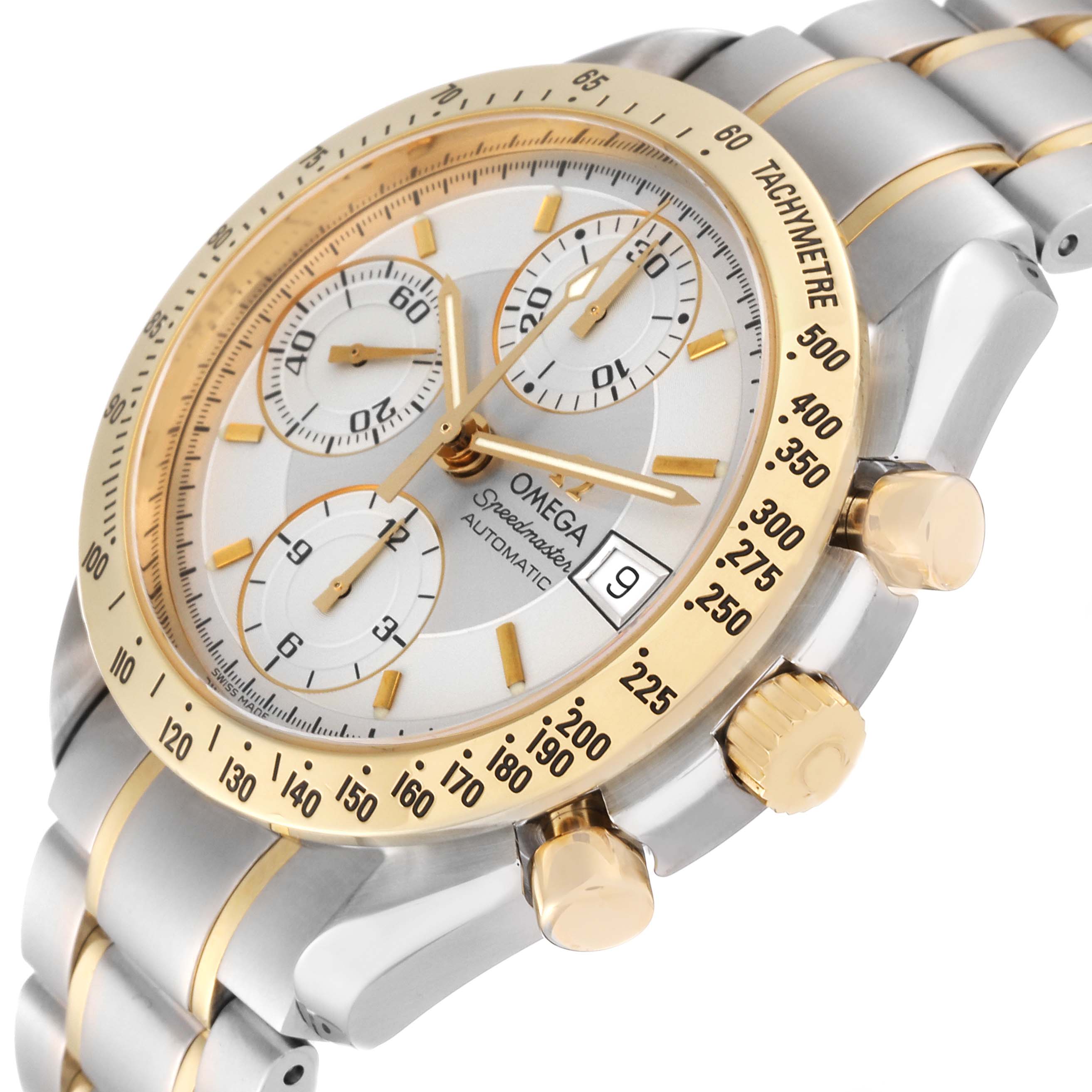 The image shows an angled view of an Omega Speedmaster 3313.30.00 Men's Steel and Gold (two tone) Silver Dial 3313.30.00 Men's Steel and Gold (two tone) Silver Dial watch, highlighting its golden tachymeter bezel, three subdials, crown, and bracelet.