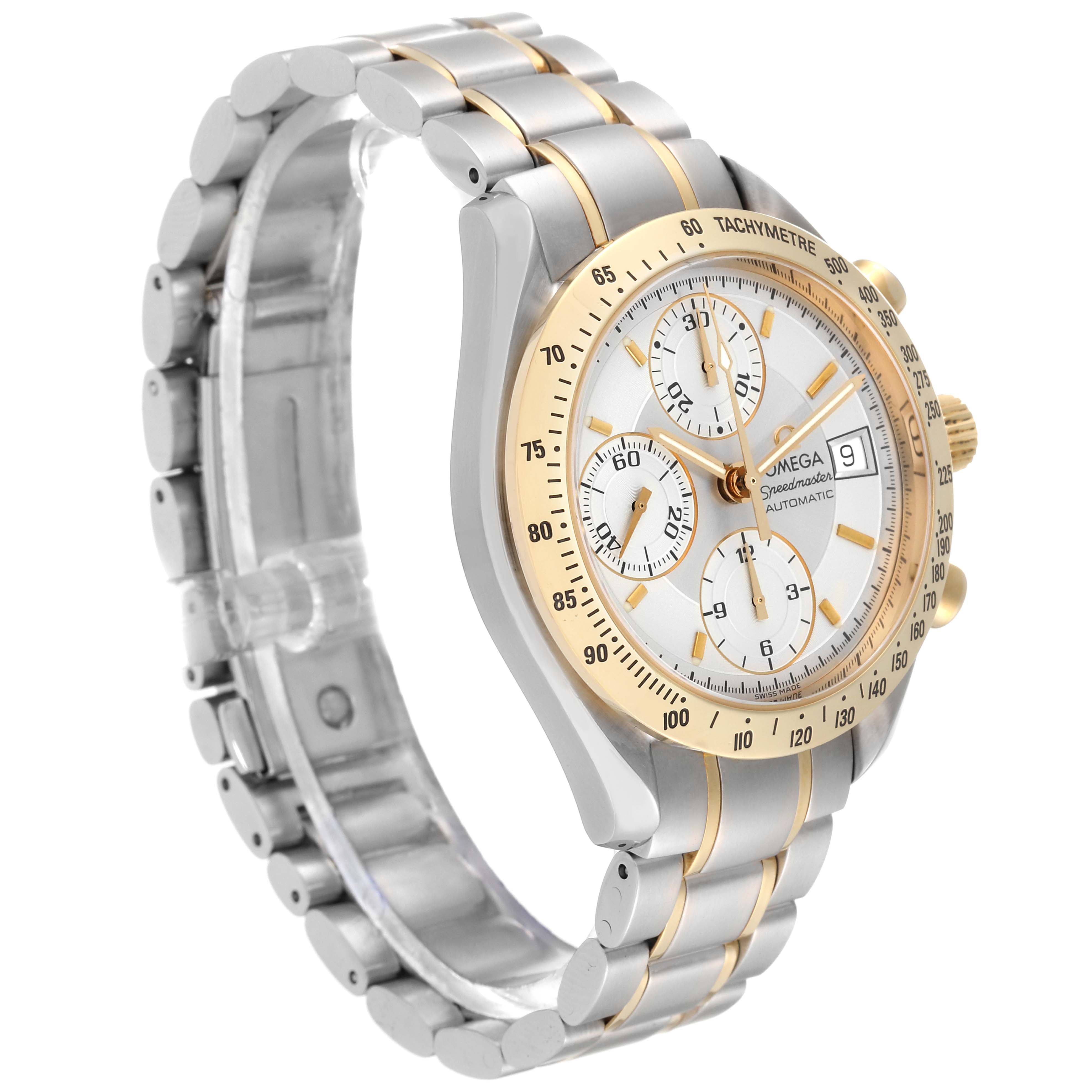 The Omega Speedmaster 3313.30.00 Men's Steel and Gold (two tone) Silver Dial 3313.30.00 Men's Steel and Gold (two tone) Silver Dial is shown at a three-quarter angle, highlighting its dial, bezel, buttons, and bracelet.