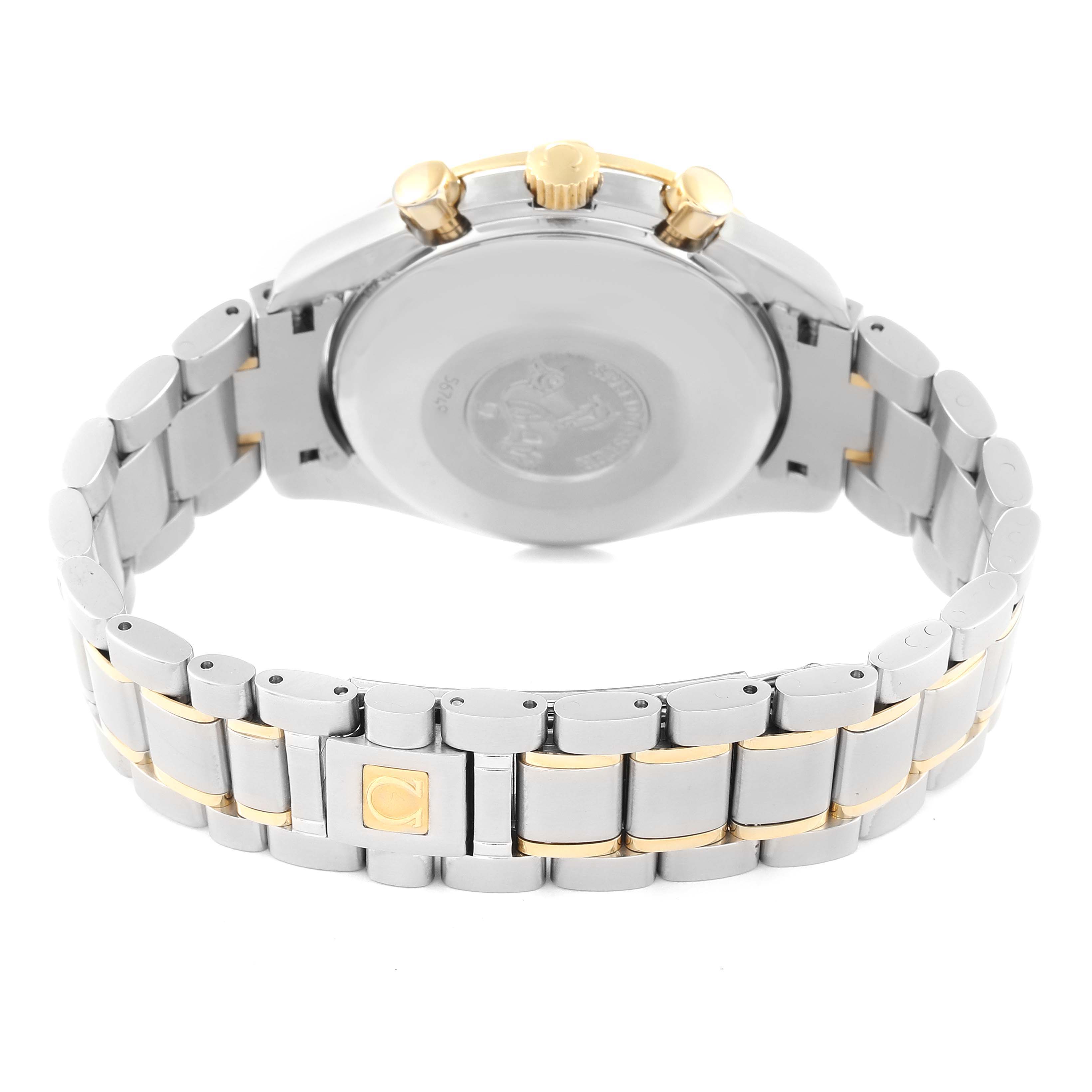 The image shows the back case and bracelet of an Omega Speedmaster 3313.30.00 Men's Steel and Gold (two tone) Silver Dial 3313.30.00 Men's Steel and Gold (two tone) Silver Dial watch, highlighting the clasp and crown.