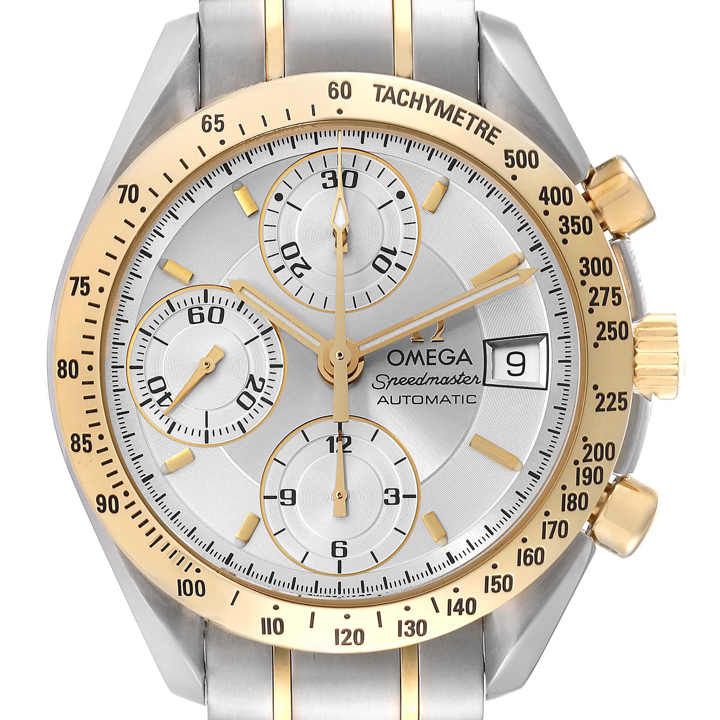 The image shows a frontal view of an Omega Speedmaster 3313.30.00 Men's Steel and Gold (two tone) Silver Dial 3313.30.00 Men's Steel and Gold (two tone) Silver Dial watch, displaying its face, tachymeter bezel, and chronograph sub-dials.