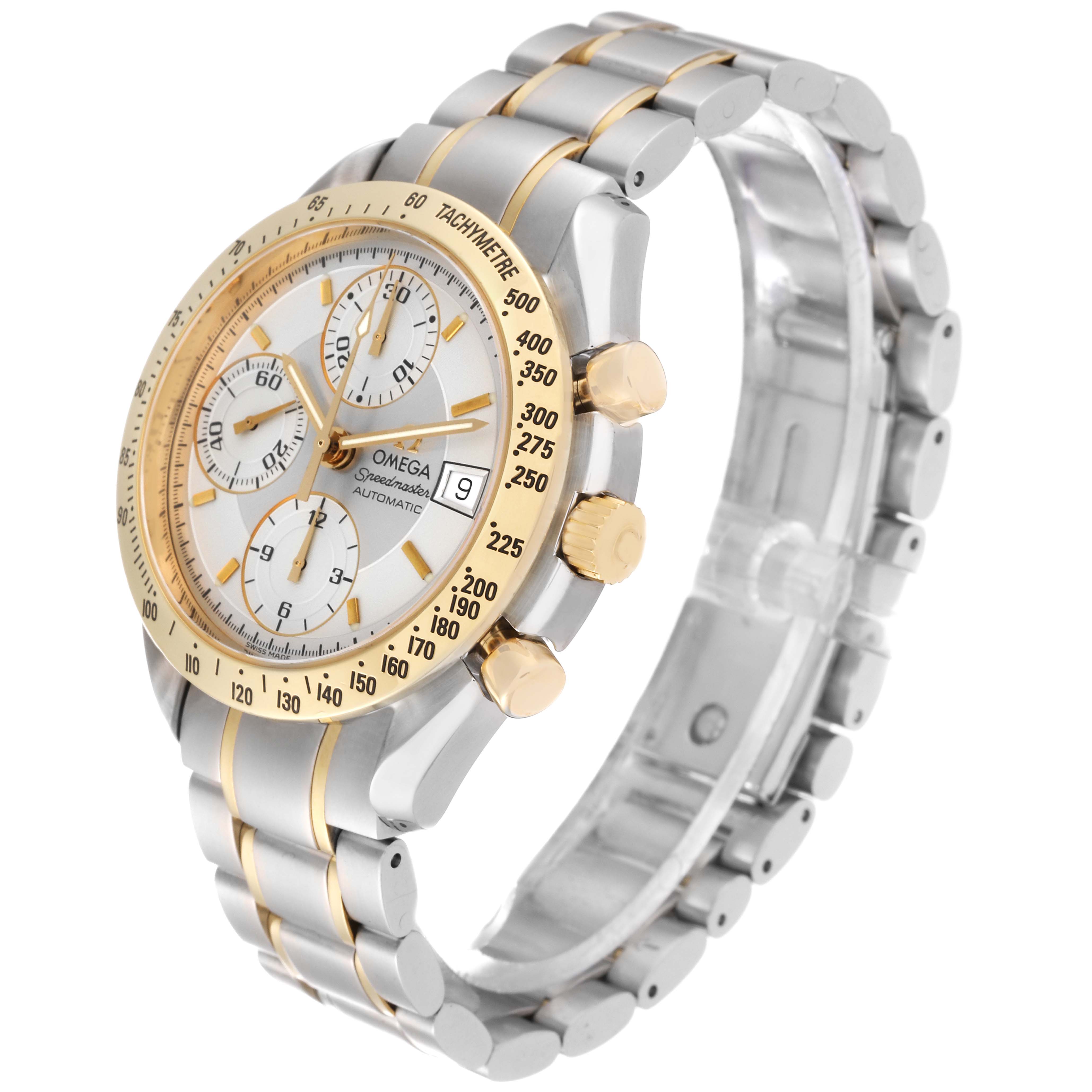 The Omega Speedmaster 3313.30.00 Men's Steel and Gold (two tone) Silver Dial 3313.30.00 Men's Steel and Gold (two tone) Silver Dial watch is shown at an angle displaying the dial, bezel, crown, and bracelet in a close-up view.