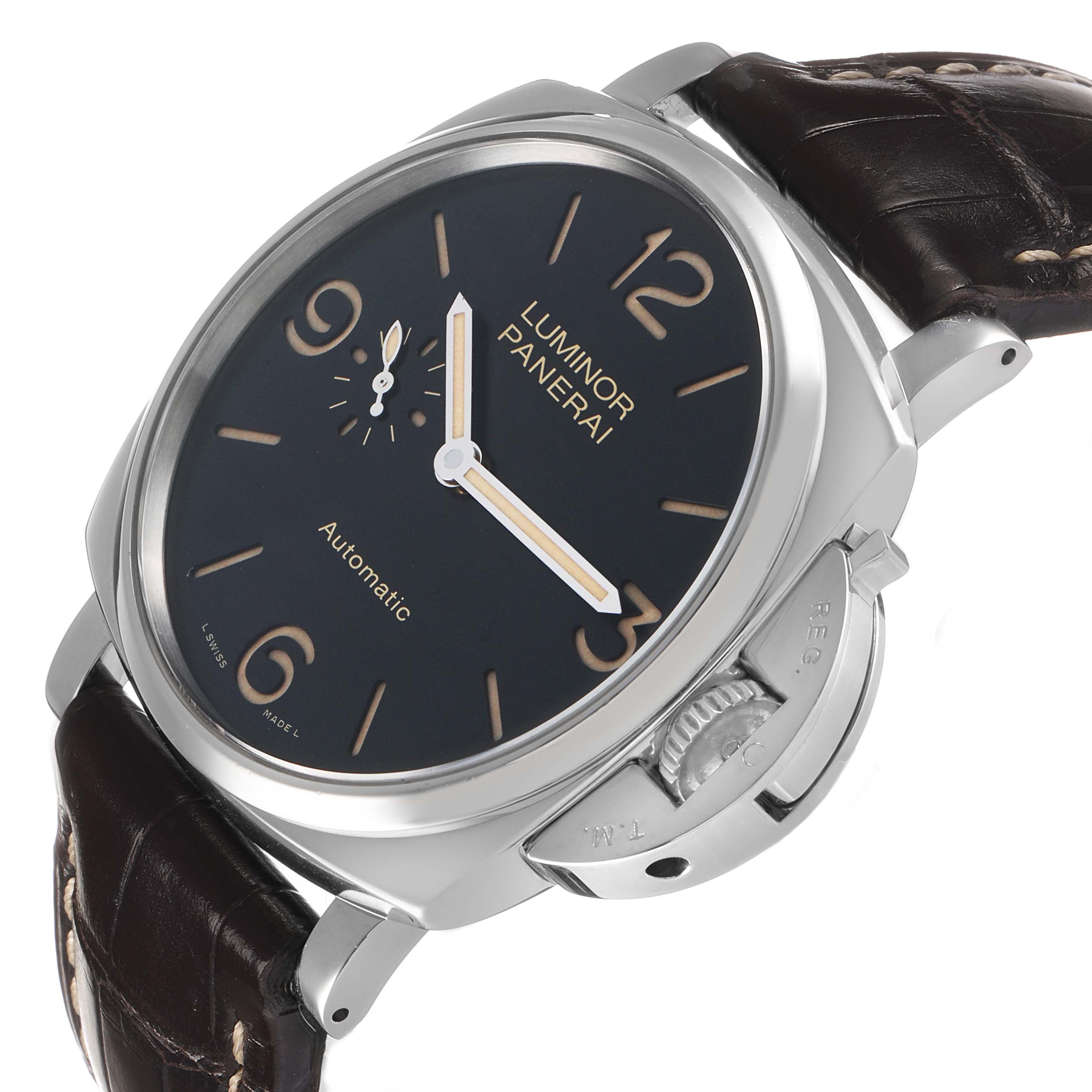 The Luminor Due by Panerai is shown at an angled close-up highlighting the dial, case, crown, and leather strap.