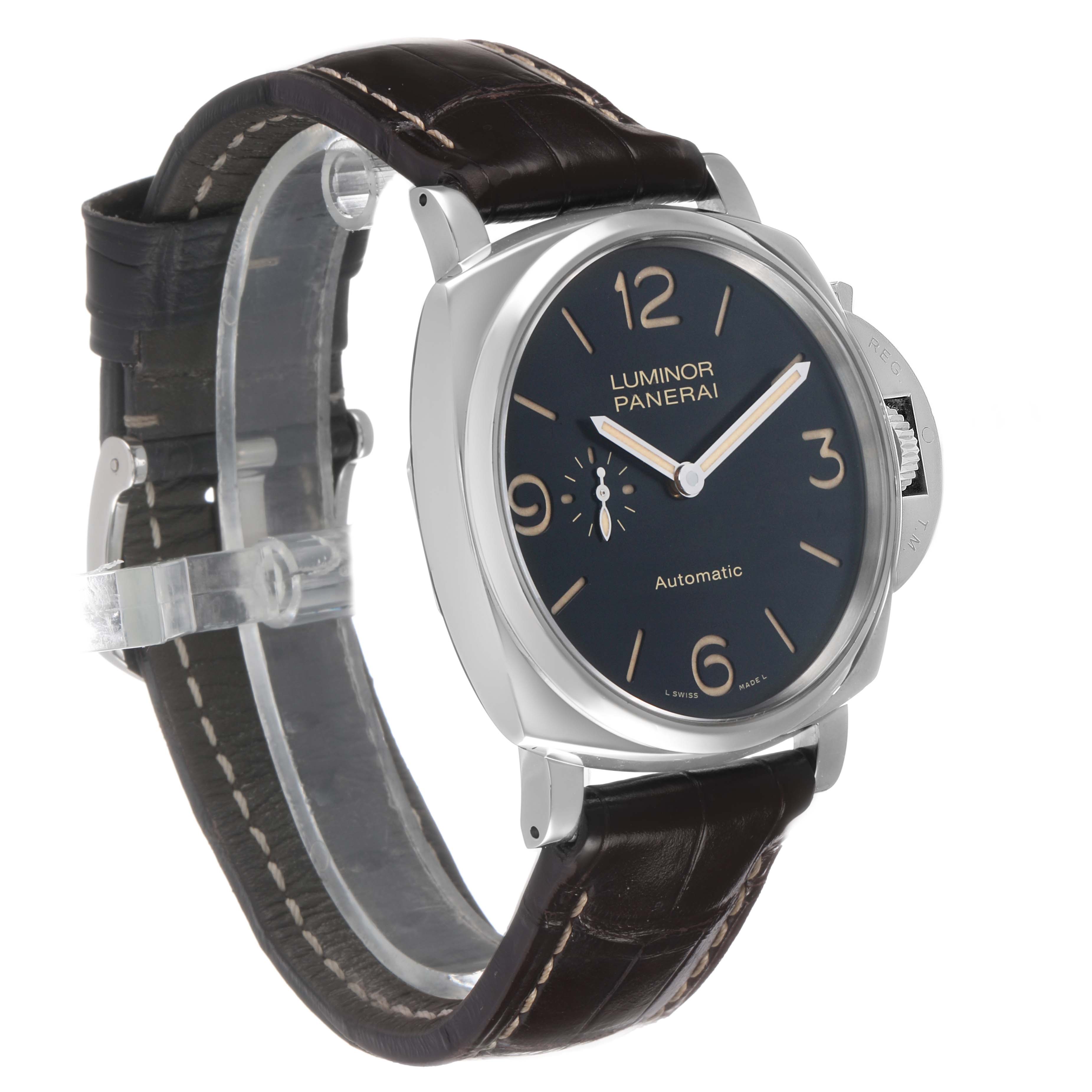 The Panerai Luminor Due PAM00674 Men's Stainless Steel Black Dial watch is shown at a three-quarter angle, highlighting the face, crown, and leather strap.