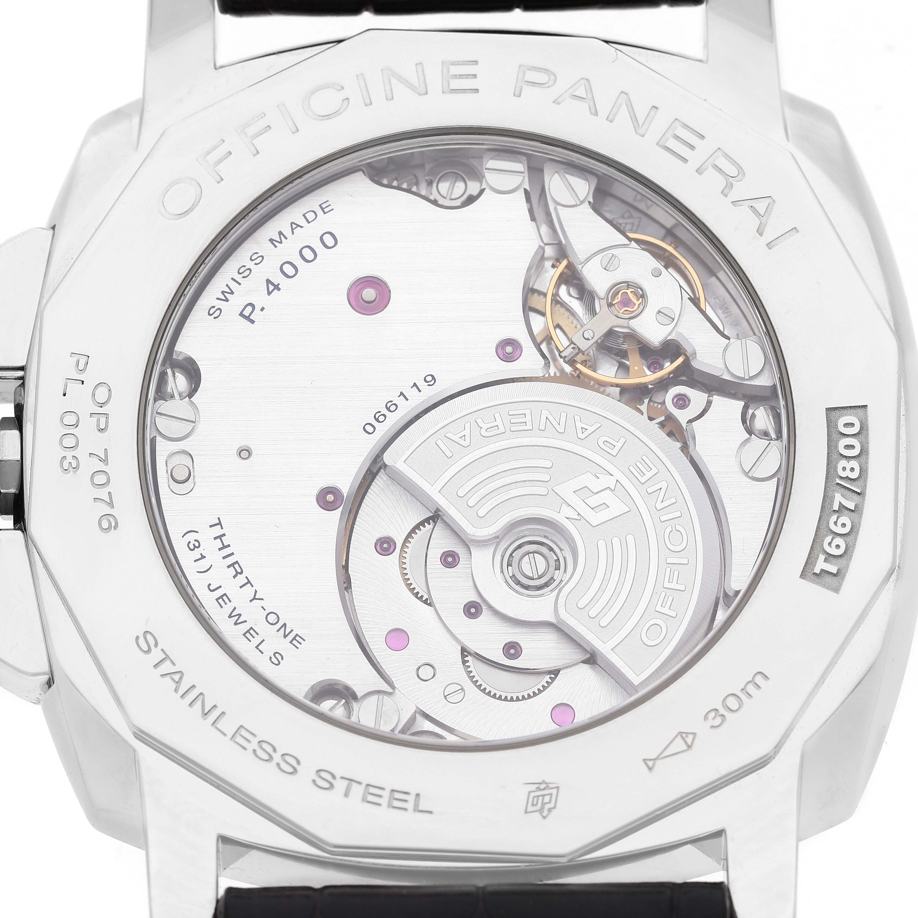 The image shows the back of a Panerai Luminor Due PAM00674 Men's Stainless Steel Black Dial watch, revealing the movement and internal mechanism details.