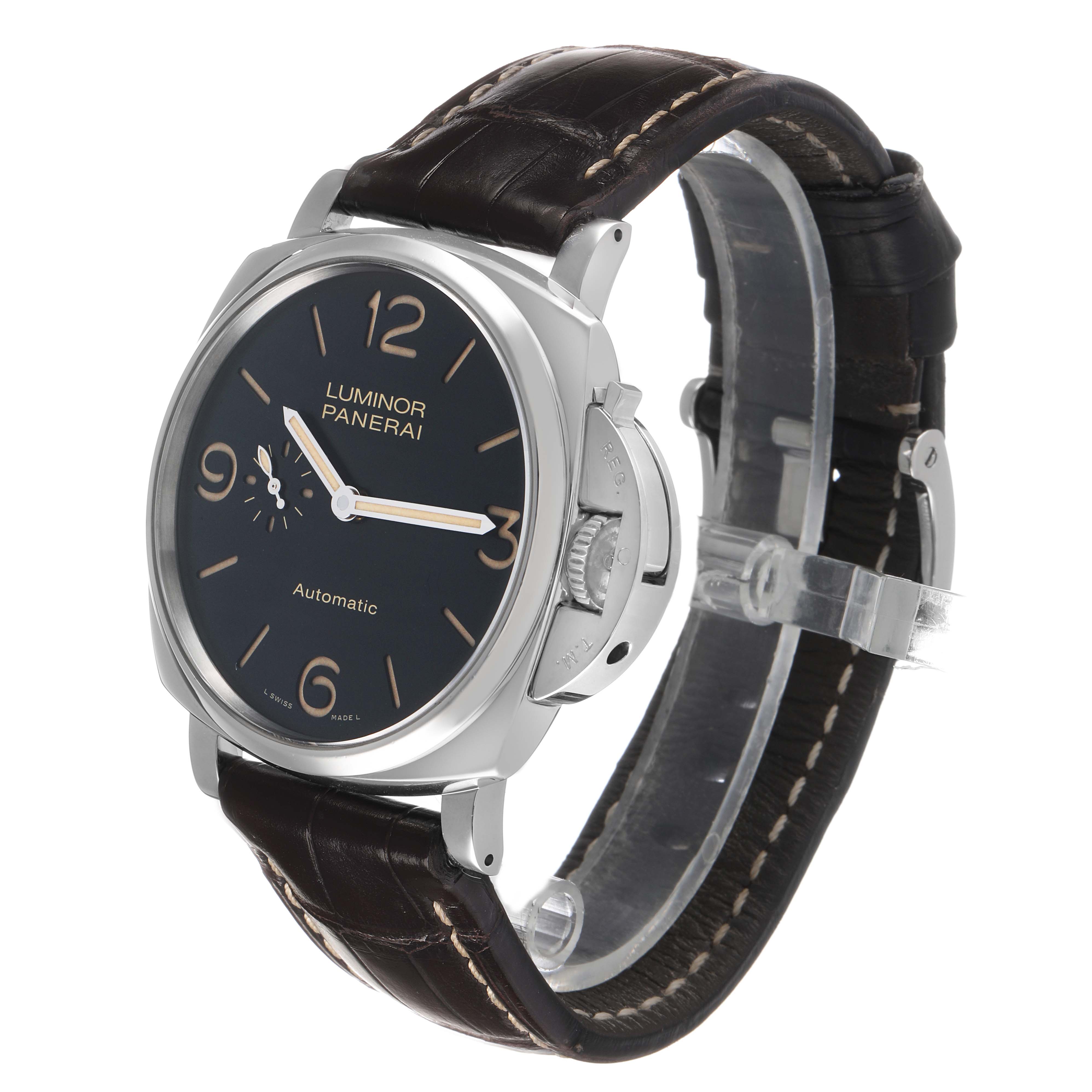The Luminor Due by Panerai is shown at a three-quarter angle, highlighting the dial, crown guard, and leather strap.