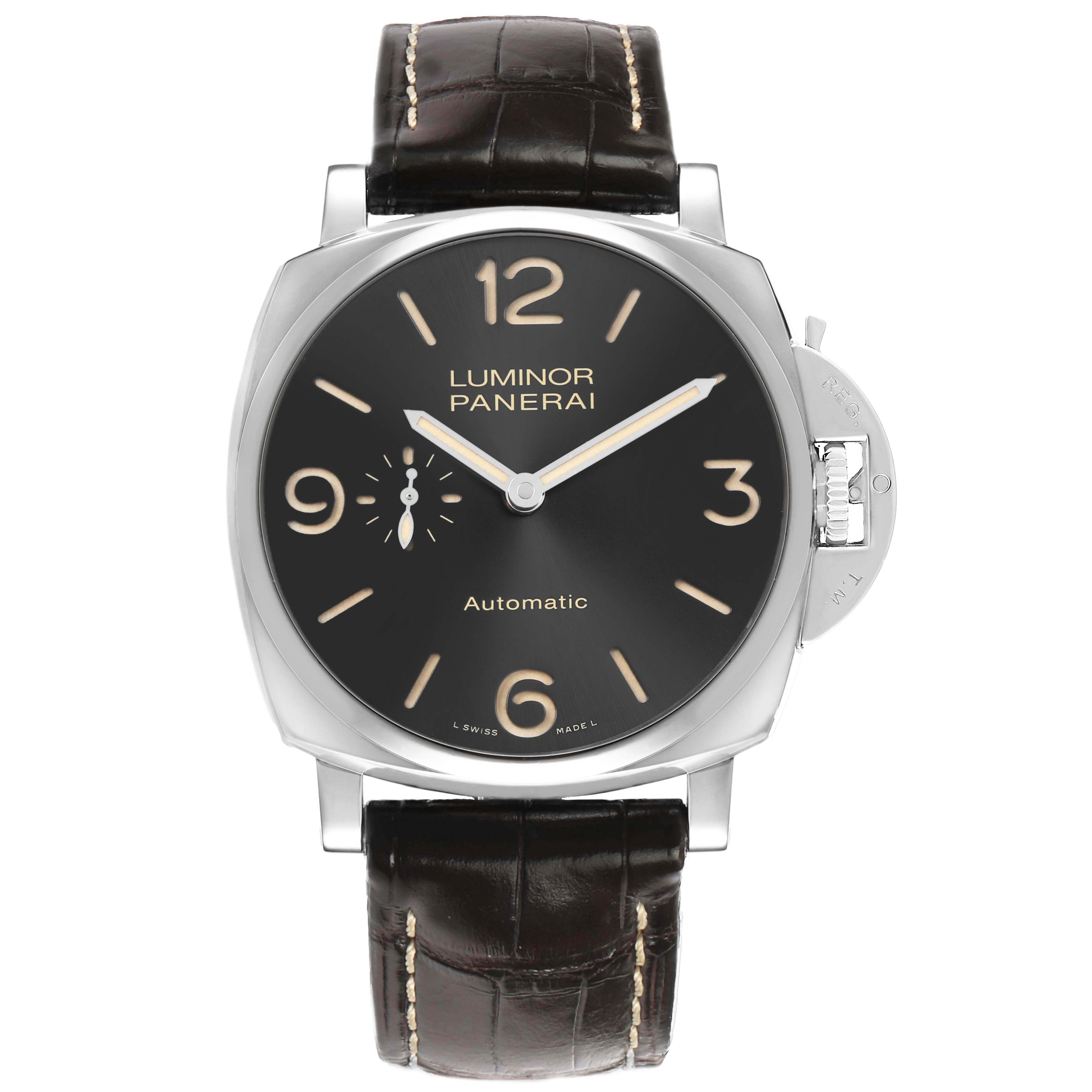 The Panerai Luminor Due PAM00674 Men's Stainless Steel Black Dial watch is shown from a front angle, displaying the dial, case, and leather strap.