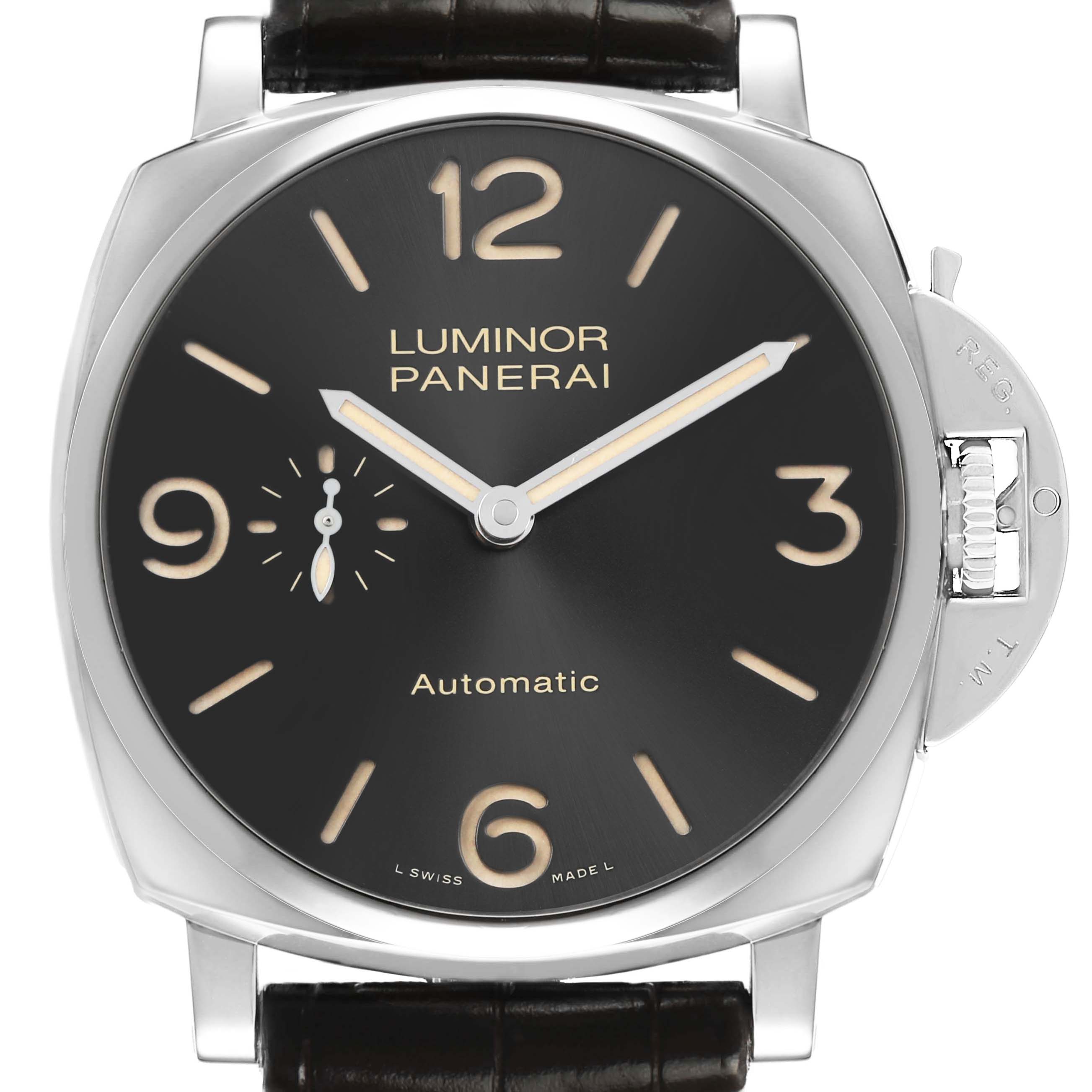The Panerai Luminor Due PAM00674 Men's Stainless Steel Black Dial watch is shown from a front angle, displaying the dial, hands, crown guard, and part of the strap.
