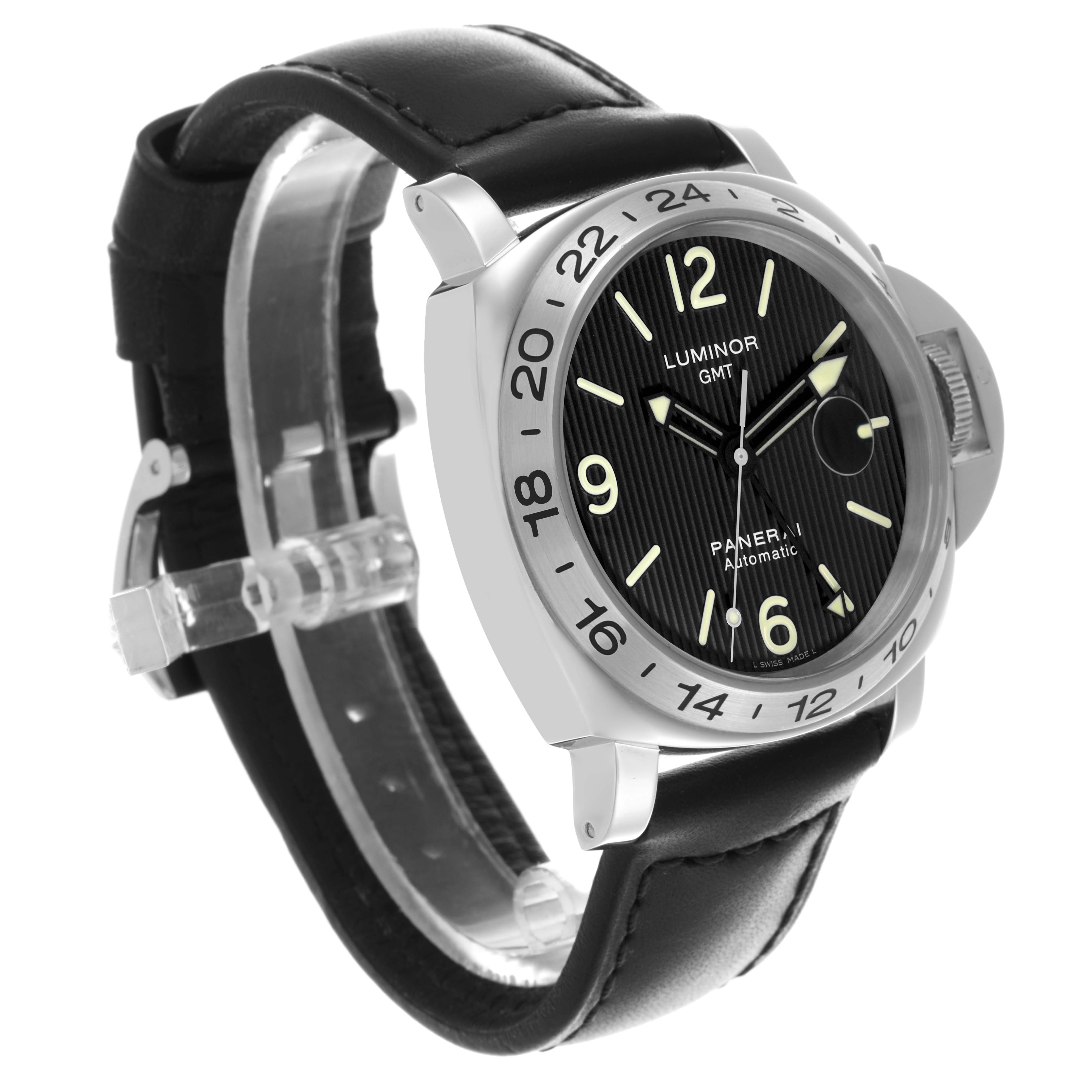 The Panerai Luminor PAM00029 Men's Stainless Steel Black Dial PAM00029 Men's Stainless Steel Black Dial watch is shown at a three-quarter angle, highlighting its face, bezel, crown guard, and leather strap.